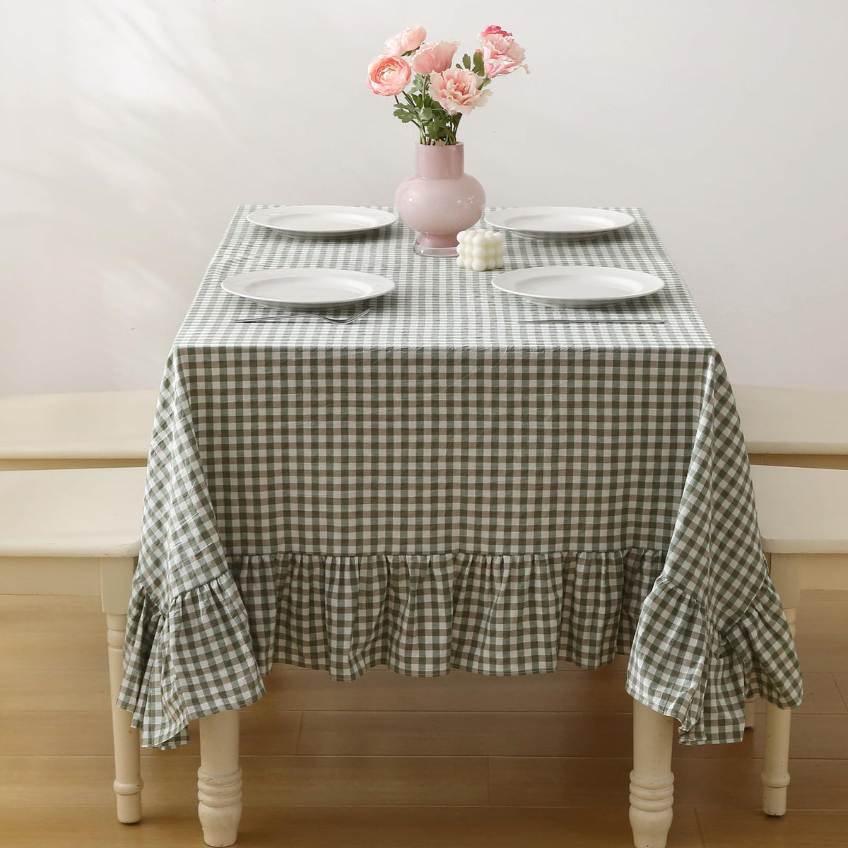 Blush White Gingham Ruffled Table Cloth Rectangular 120“x60” | 100% Washed Cotton, for Seat 8-10, Buffet Picnic Baby Shower Party Tablecloth, Decorative Checker Plaid Farmhouse Table Cover