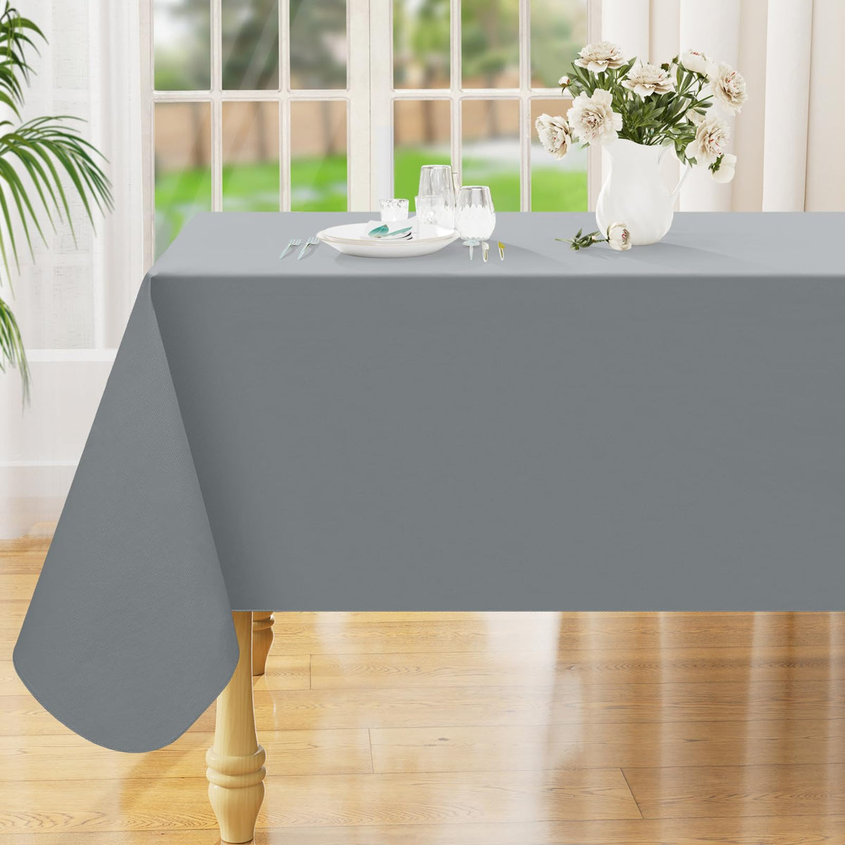 Smiry Rectangle Table Cloth 60x84 Inch, Waterproof Wipeable Vinyl Tablecloths Protector, Oil Spill Proof Plastic Table Cover for Dining, Picnic, Camping, Outdoor, Beige