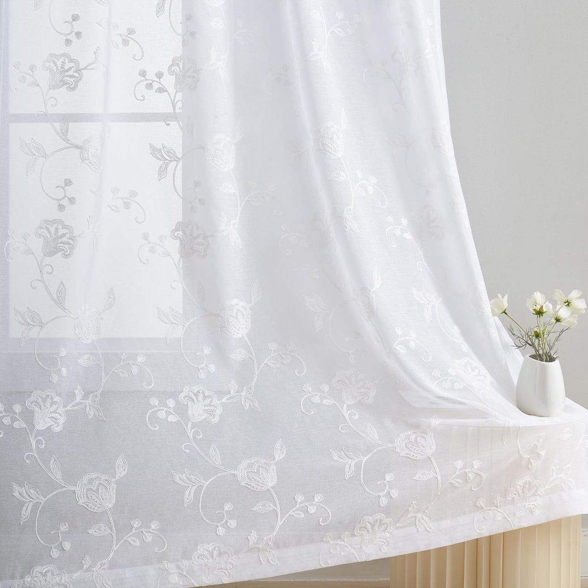 MYSTIC-HOME Sheer Curtains White 63 Inch Length, Rod Pocket Voile Drapes for Living Room, Bedroom, Window Treatments Semi Crinkle Curtain Panels for Yard, Patio, Villa, Parlor, Set of 2, 52"x 63"
