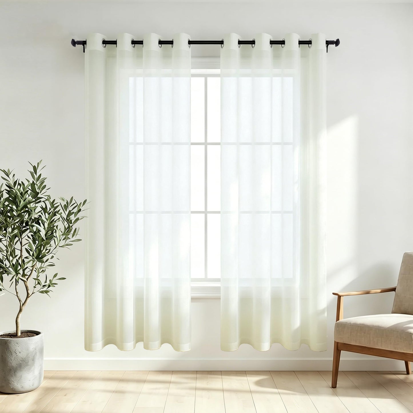 White Sheer Curtains 84 Inches Long Set 2 Panels Grommet Pair Faux Linen Semi Transparent Drape Tulle Gauze Voile Window Sheer Curtains for Bedroom Living Room Dining Wide 52 Length Solid Pack