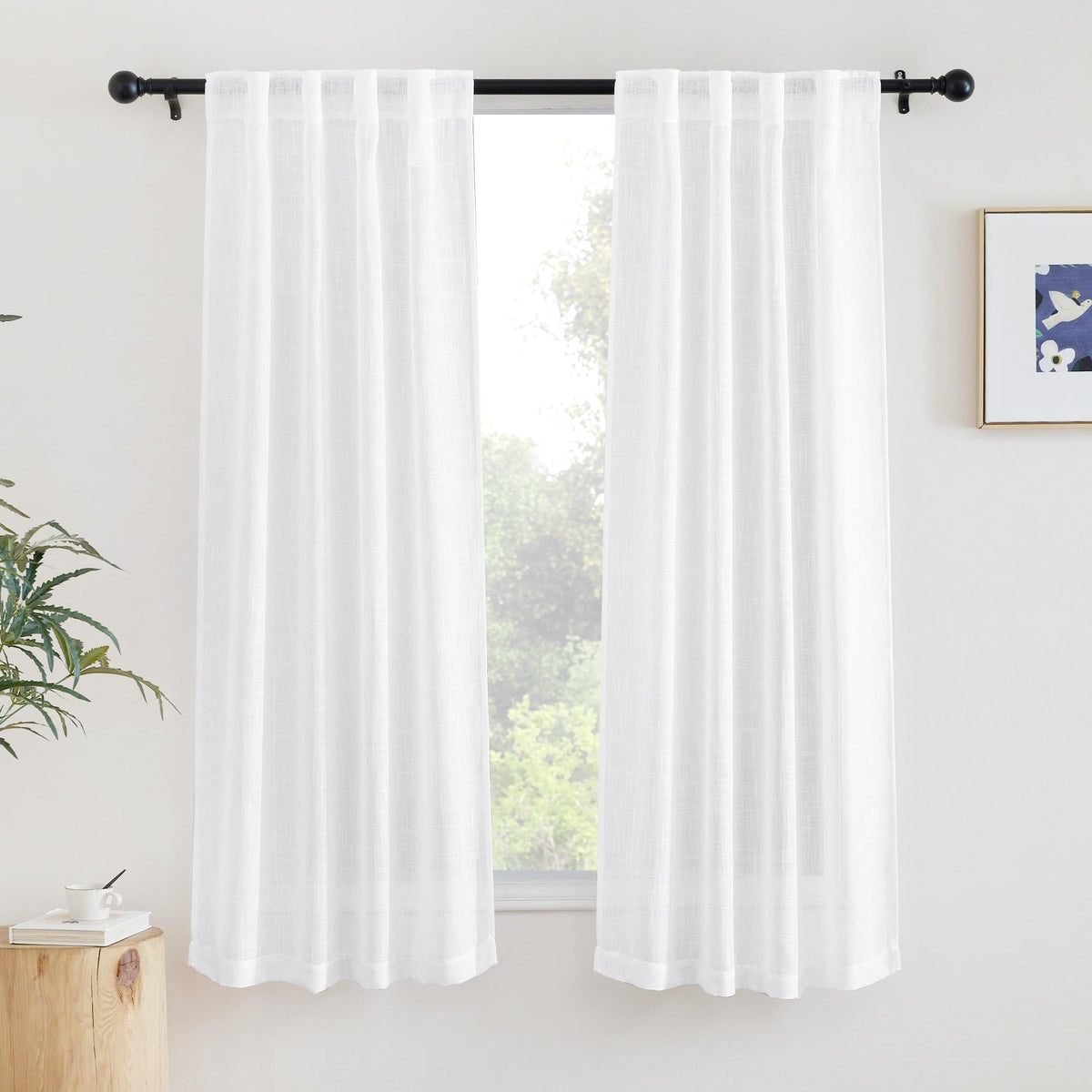 NICETOWN White Linen Sheer Curtains and Drapes 84 inches Long, Rod Pocket & Back Tab semitransparent with Light Through Vertical Window Treatments for Sliding Glass Door & Living Room, 52"W, Set of 2