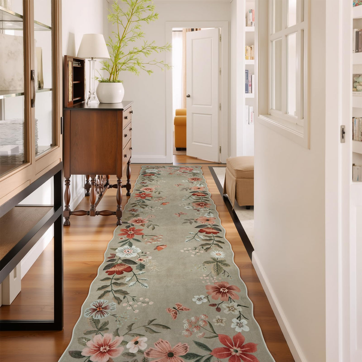 Lahome Floral Washable Living Room Rug, 5x7 Area Rugs for Bedroom Soft | Dining Room Rug Ultra-Thin Non Slip Stain Resistant Boho Low-Pile Throw Carpet for Office Flore (5x7ft, Beige)