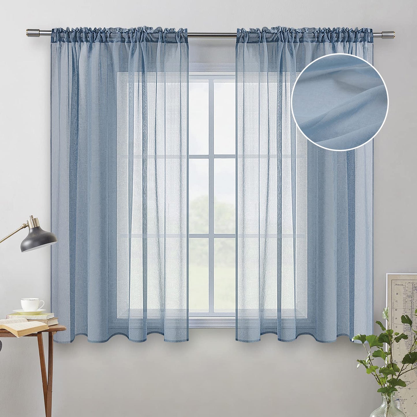 MIULEE Semi White Linen Textured Sheer Curtains 42W×84L Rod Pocket 2 Panels | Semi Transparent, Farmhouse, Window Net Panels with Rod Pocket for Bedroom Living Room