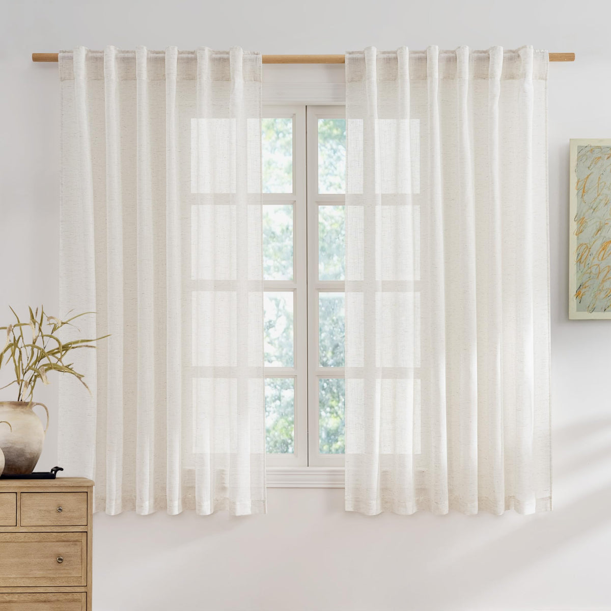 NICETOWN Semi Sheer White Curtains 84 inch Long, Rod Pocket & Back Tab Sheer Linen Curtains & Drapes Balance Privacy & Light Panels for Bedroom/Living Room, W52 x L84, 2 Panels