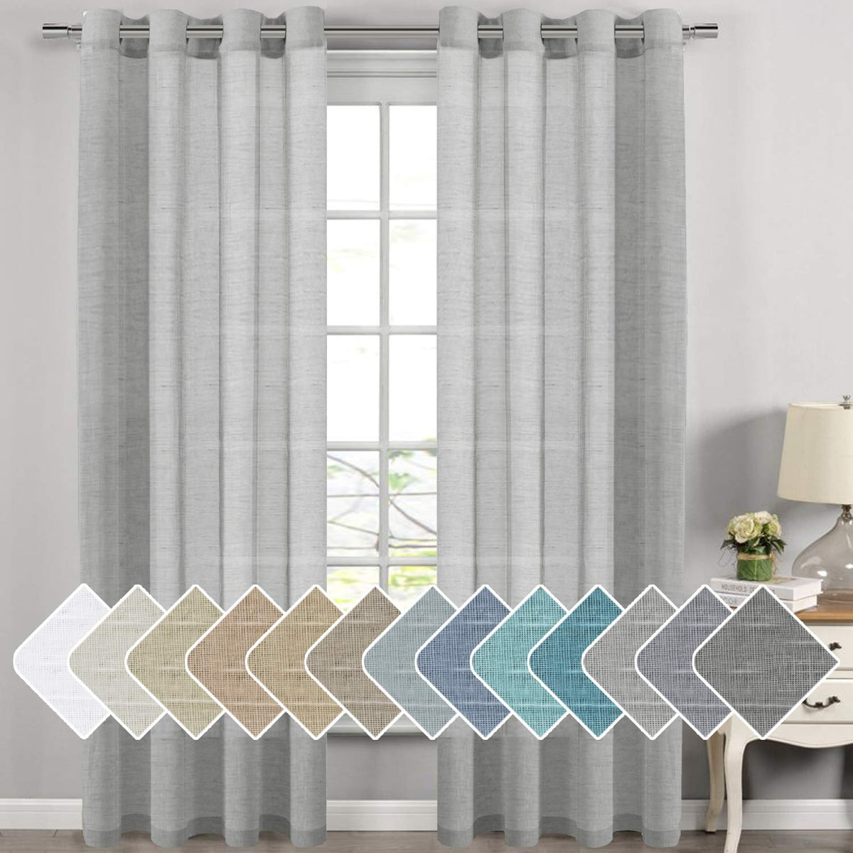 H.VERSAILTEX Natural Linen Sheer Curtains Flax Linen Blended Curtain Panels Living Room, Nickel Grommet Semitransparent Semi-Sheer Soft Privacy Drapes, Natural, 84 inches Long 2 Panels