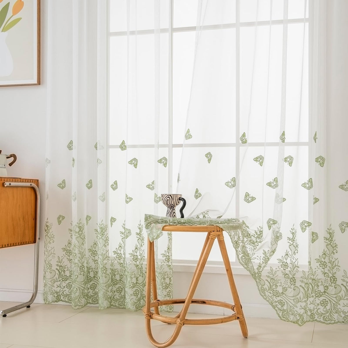 Sheer Curtains Boho Leaf Floral Embroidered Cream Beige 54Wx84L | Light Filtering Semi Sheer Voile Curtains With Design, Rod Pocket Window Drapes for Bedroom Living Room 2 Panels