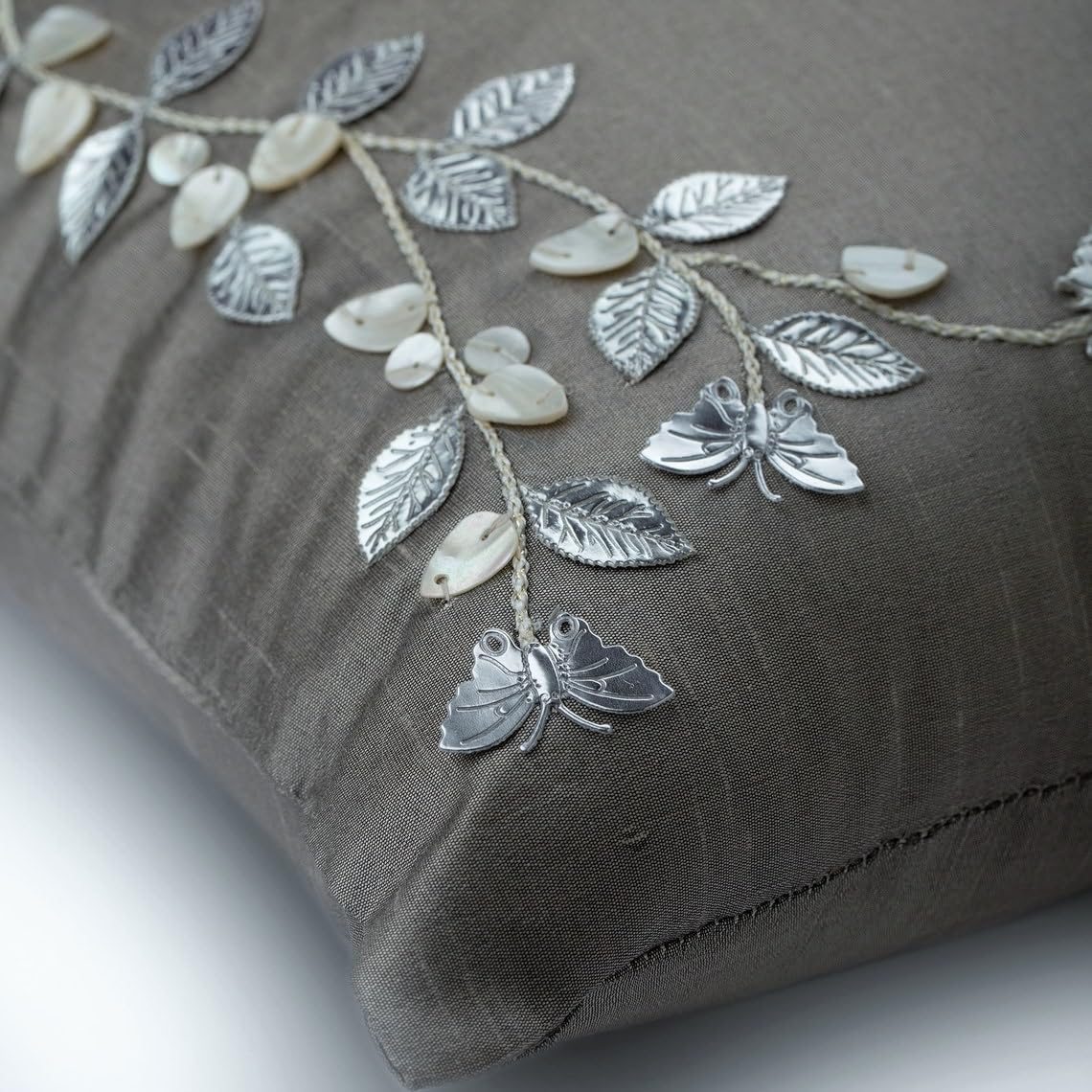 HomeCentric Silver Faux Leather Pearl Leaves Pillow, 24x24 inch, Silk, Contemporary Floral - Silver Beauty
