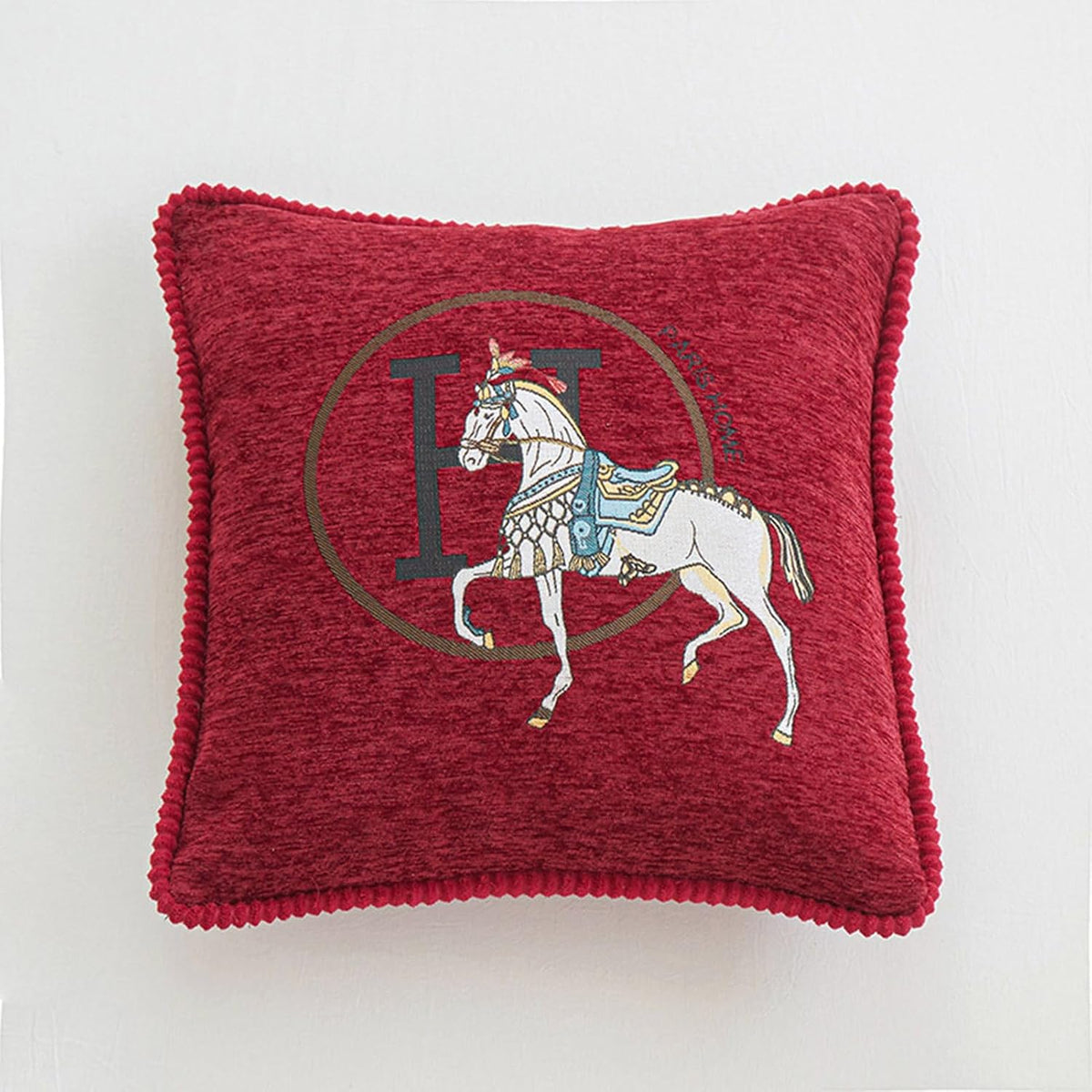 Croker Horse New Version 18x18 inches Throw Pillow Cushion Covers Set 2 Pack - Luxury Horse Jacquard Embroidery with Lace Trim Decorative Cover for Couch, Sofa, Living Room Bedroom (Red)
