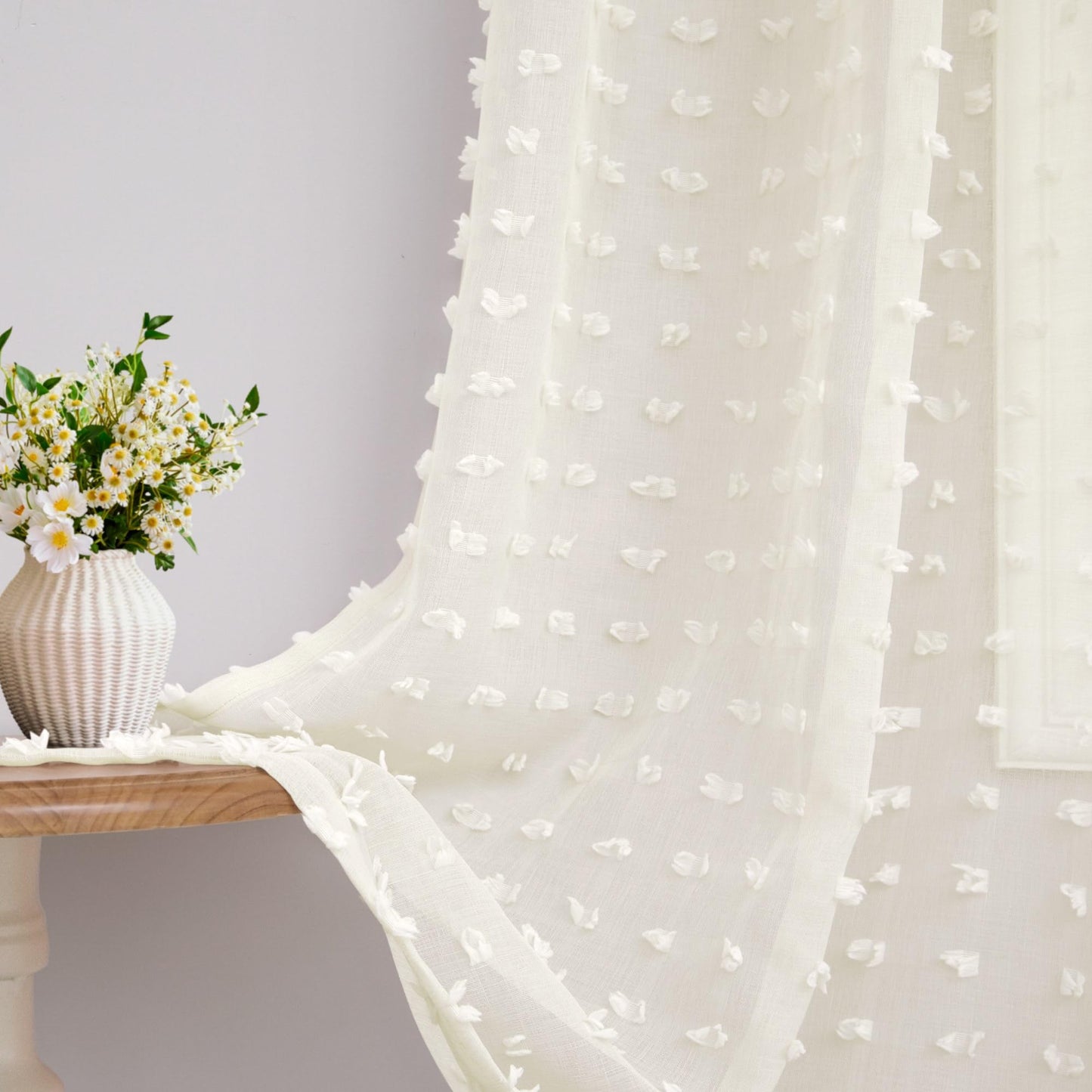 White Sheer Curtains 84 Inches Long for Living Room Bedroom Farmhouse White Pom Pom Curtains 2 Panels Back Tab Shabby Chic Boho Curtain Semi Sheer Nursery Kids Aesthetic Ruffle Drape 52x84 Length