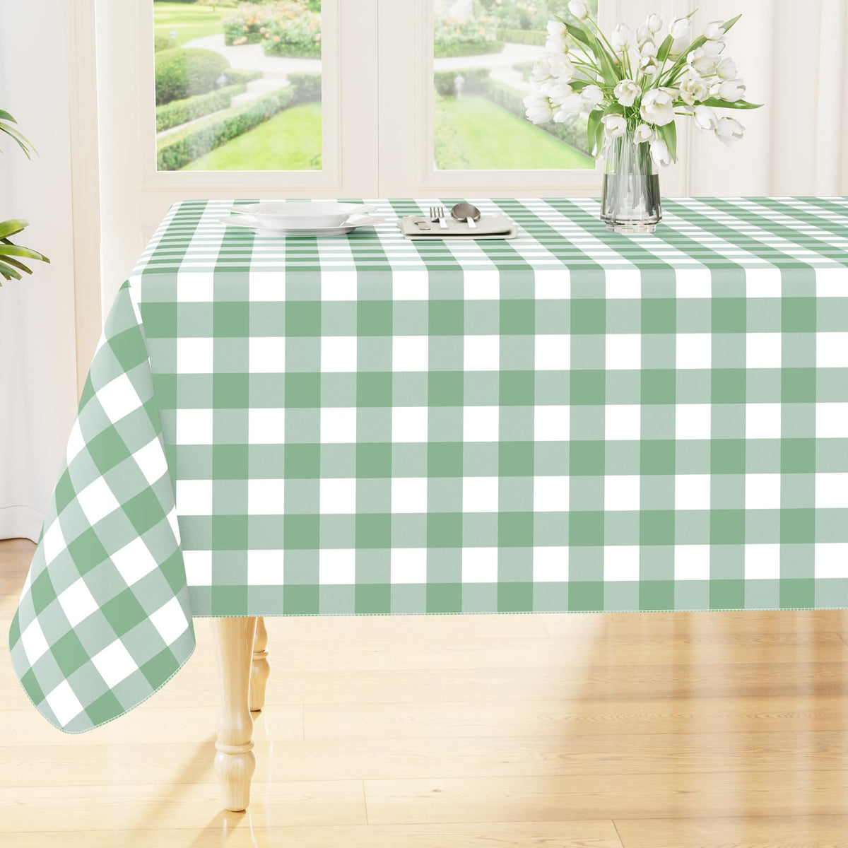 Smiry Picnic Table Cloth, Vinyl Tablecloths with Flannel Backing, 60"x84" | Waterproof Rectangle Table Cloth, Wipeable Buffalo Plaid Table Cover for Indoor and Outdoor (Khaki & White)