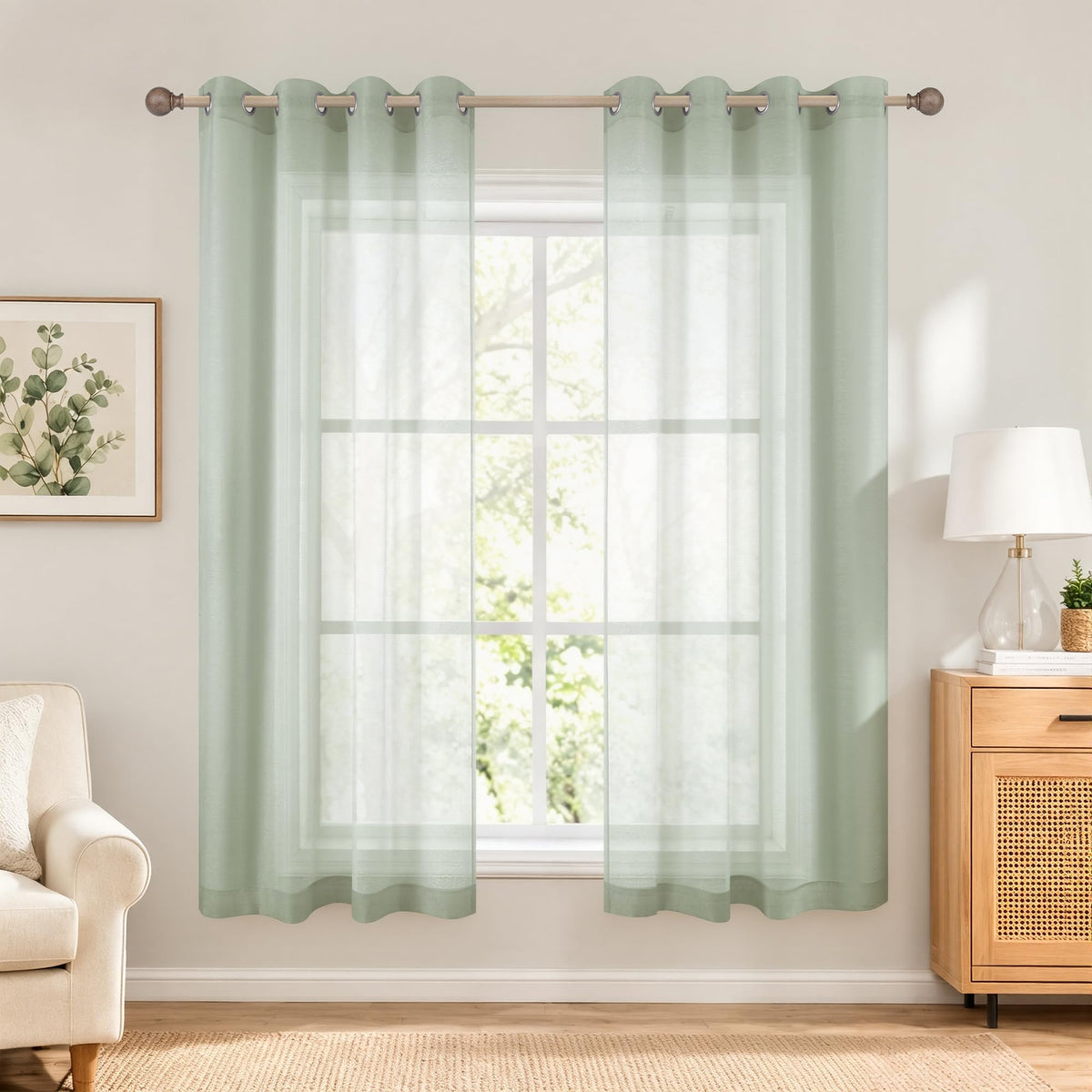 White Sheer Curtains 84 Inches Long Set 2 Panels Grommet Pair Faux Linen Semi Transparent Drape Tulle Gauze Voile Window Sheer Curtains for Bedroom Living Room Dining Wide 52 Length Solid Pack