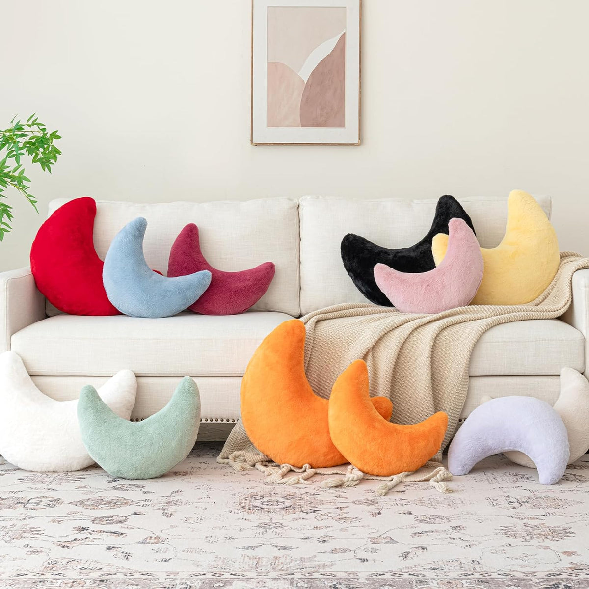 Moon Pillow, Decorative Throw Pillows with Soft Faux Rabbit for Bed Couch, Moon Shaped Pillows Plush Floor Cushions Room Decor Pillow for Sofa Bedroom Living Room
