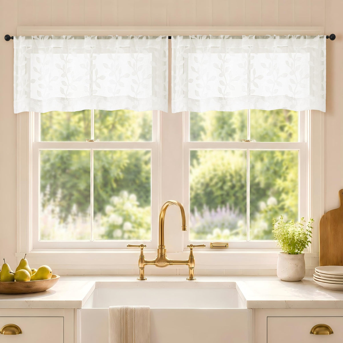 White Sheer Curtains 84 Inches Long - Light Filtering Leaf Jacquard Textured Semi Sheer Curtains, Rod Pocket Drapes for Living Room Bedroom 2 Panels Set, 2x37Wx84L Inches
