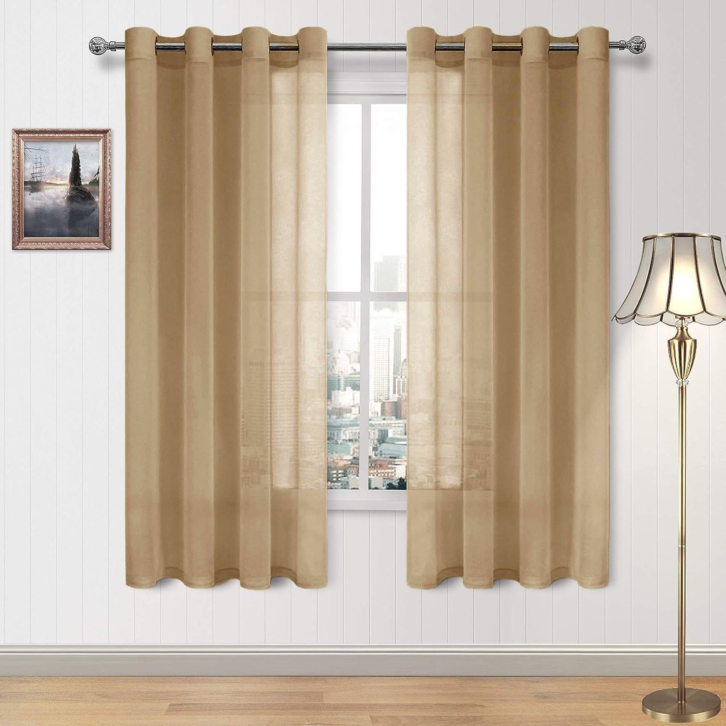 DWCN White Sheer Curtains Linen Look Semi Transparent Voile Grommet White Curtains for Living Dining Room Drapes 52 x 84 Inch Long, Set of 2 Panels