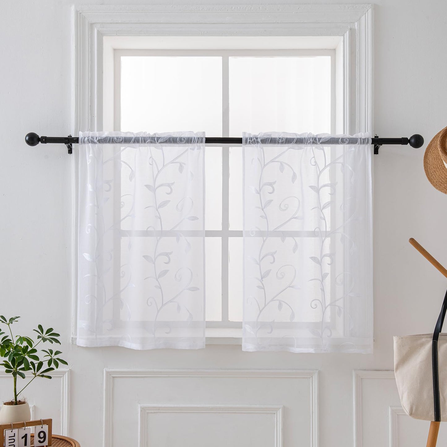 Sheer Curtains Boho Leaf Floral Embroidered Cream Beige 54Wx84L | Light Filtering Semi Sheer Voile Curtains With Design, Rod Pocket Window Drapes for Bedroom Living Room 2 Panels