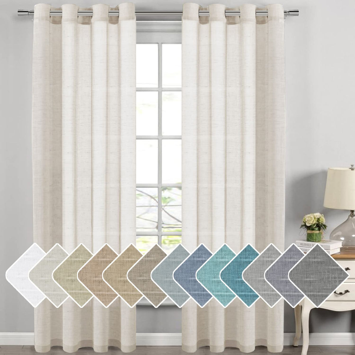 H.VERSAILTEX Natural Linen Sheer Curtains Flax Linen Blended Curtain Panels Living Room, Nickel Grommet Semitransparent Semi-Sheer Soft Privacy Drapes, Natural, 84 inches Long 2 Panels