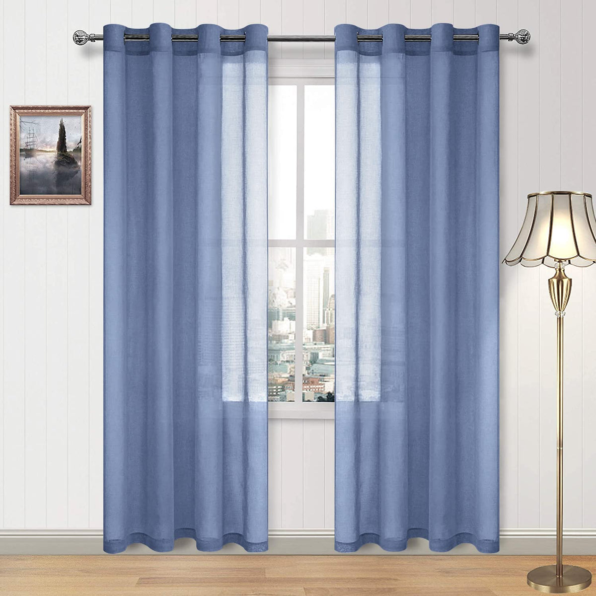 DWCN White Sheer Curtains Linen Look Semi Transparent Voile Grommet White Curtains for Living Dining Room Drapes 52 x 84 Inch Long, Set of 2 Panels