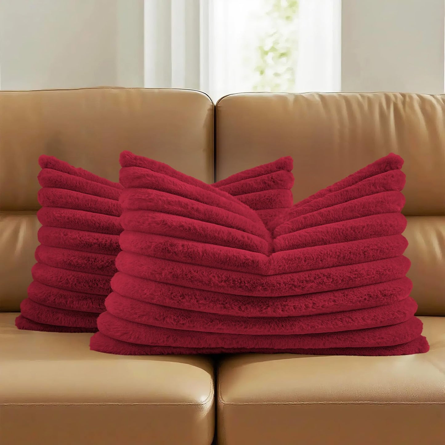 FUTEI Pack of 2 Faux Fur Throw Pillow Covers 18x18 Inch, Cream White | Fluffy Faux Rabbit Fur Front/Premium Velvet Back,Hidden Zipper,Machine Washable,Non-Shedding,Colorfast,Insert Not Included.