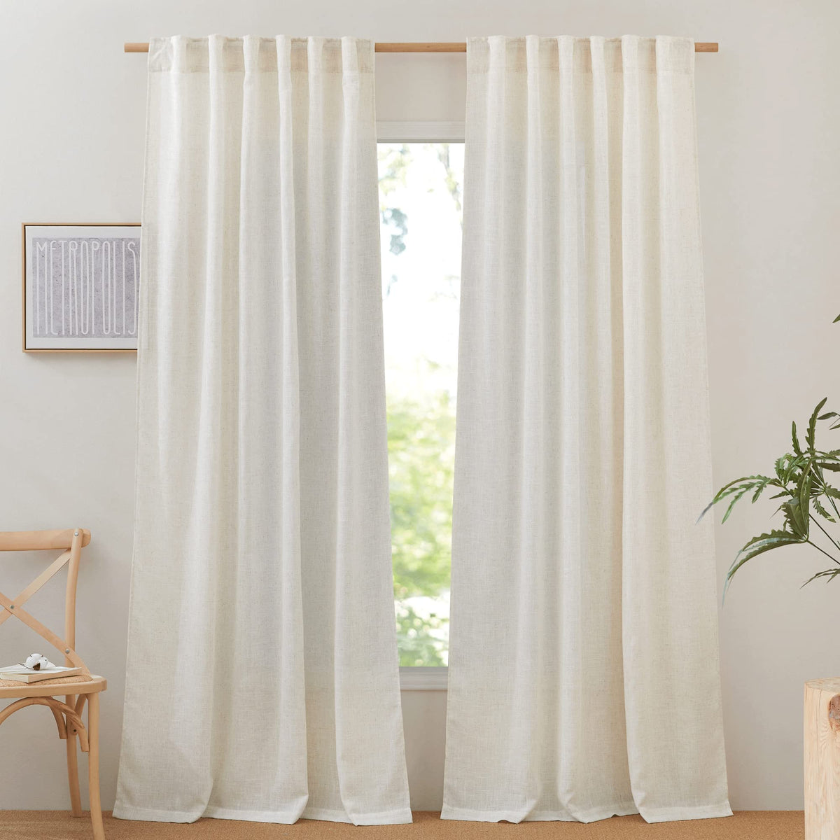 NICETOWN Flax Linen Curtains 84 inch Long, Rod Pocket & Back Tab Semi Sheer Vertical Drapes Privacy Added with Light Filtering for Bedroom/Living Room, Burlap, W52 x L84, 2 Pieces