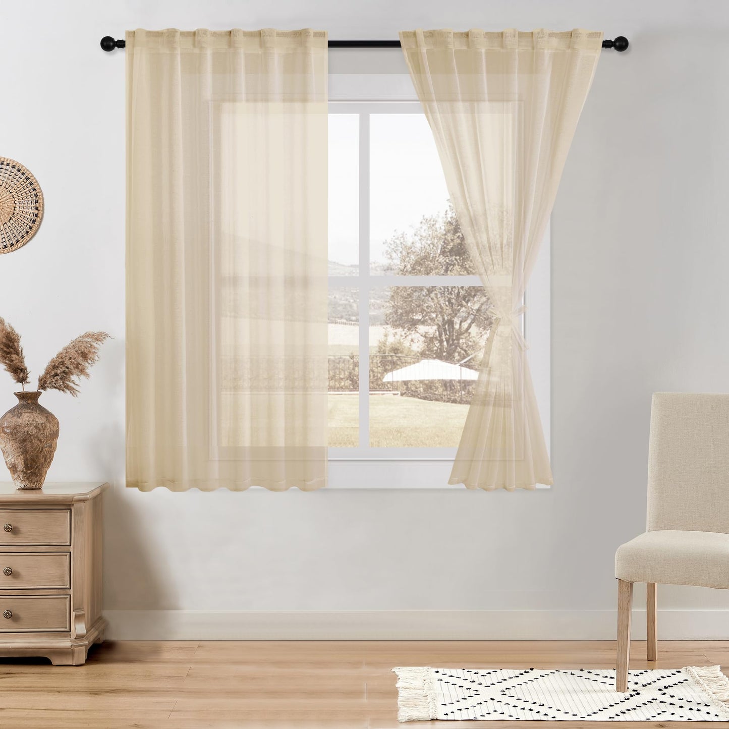 DWCN White Faux Linen Sheer Curtains, 2 Panels, 52x84 Inch | Faux Linen Textured Curtains with Rod Pocket & Back Tab, Semi Voile Light Airy Gauzy Privacy Drapes for Living Room Bedroom
