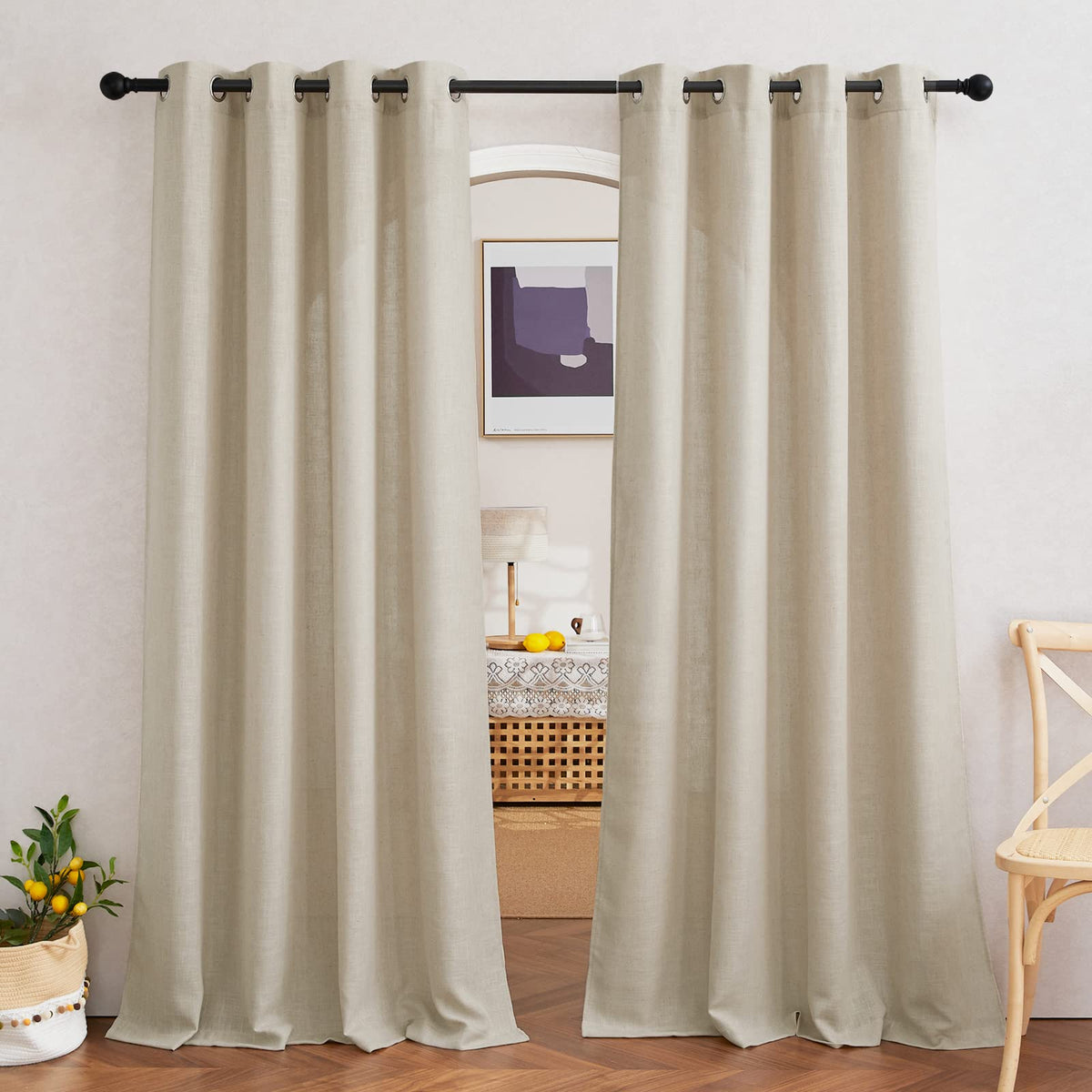 NICETOWN White Sheer Linen Curtains for Living Room 84 inch Length 2 Panels Set, Grommet Semi Sheer Privacy with Light Filtering Flax Window Treatments for Bedroom, W52 x L84
