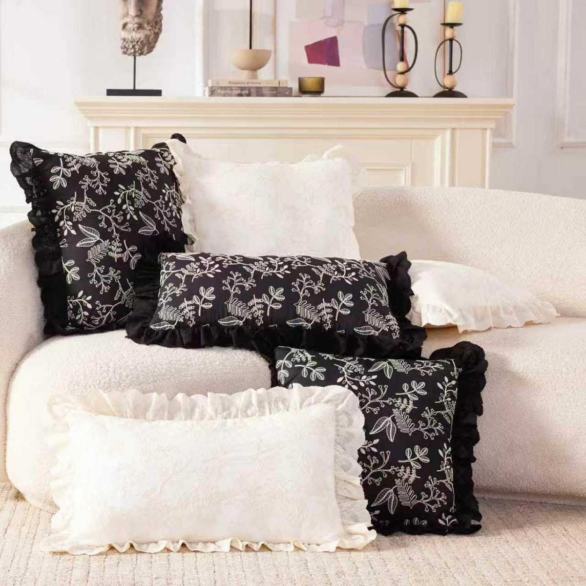 HAUSFRAU 18x18 Throw Pillow Covers Pillowcase Set of 2, French Style Cream | Floral Embroidered & Lace Ruffle Trim Chic Decorative Square Pillowcase Pillow Sham for Sofa, Couch, Wedding, Square