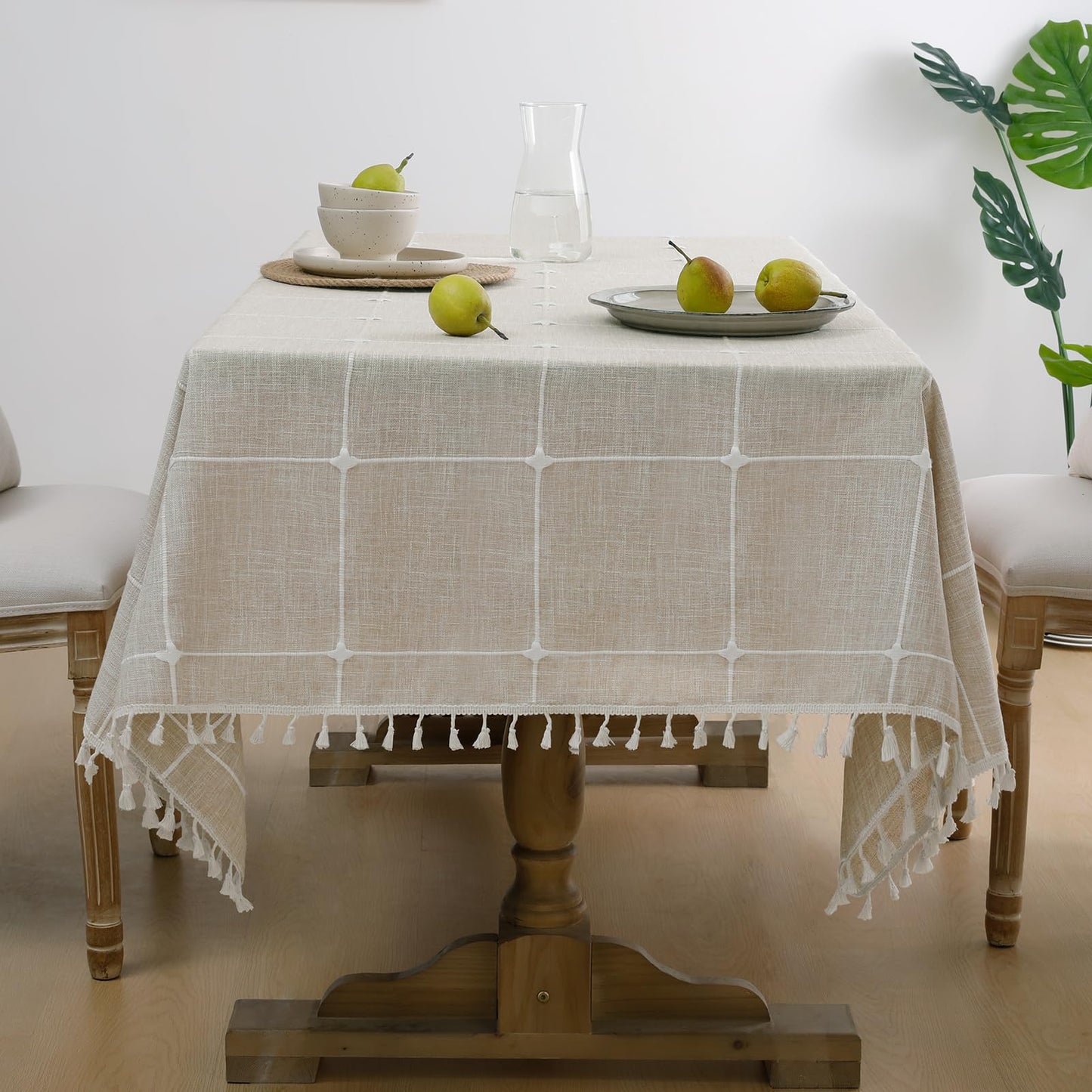 Softalker Outdoor Linen Tablecloth Rectangle, Waterproof Cotton Boho Farmhouse Table Cloths with Tassel, Heavy Weight Wrinkle Free Table Cover for Picnic Camping Dining - 55 x 70 Inch, Coffee Lines