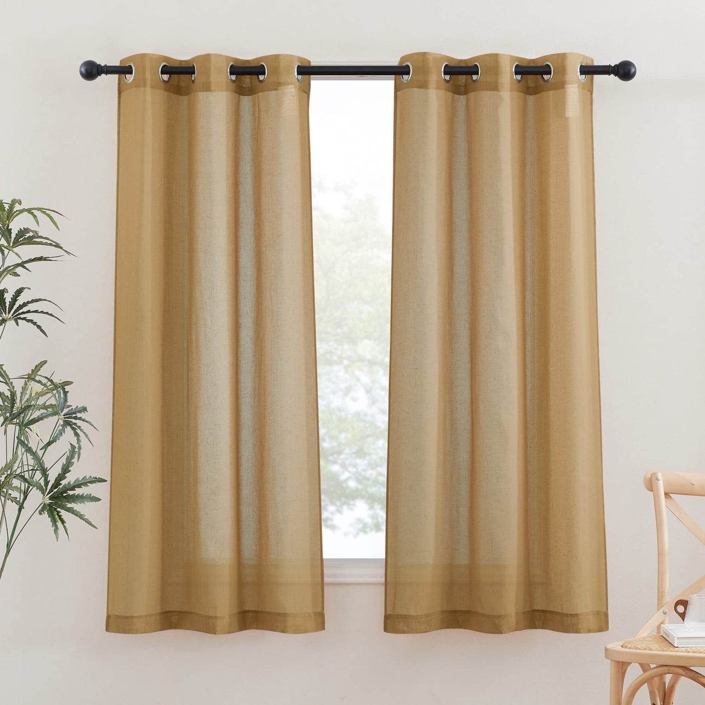 NICETOWN White Sheer Linen Curtains for Living Room 84 inch Length 2 Panels Set, Grommet Semi Sheer Privacy with Light Filtering Flax Window Treatments for Bedroom, W52 x L84