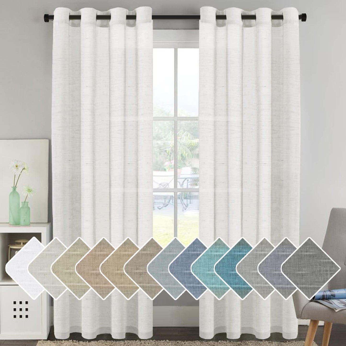H.VERSAILTEX Natural Linen Sheer Curtains Flax Linen Blended Curtain Panels Living Room, Nickel Grommet Semitransparent Semi-Sheer Soft Privacy Drapes, Natural, 84 inches Long 2 Panels
