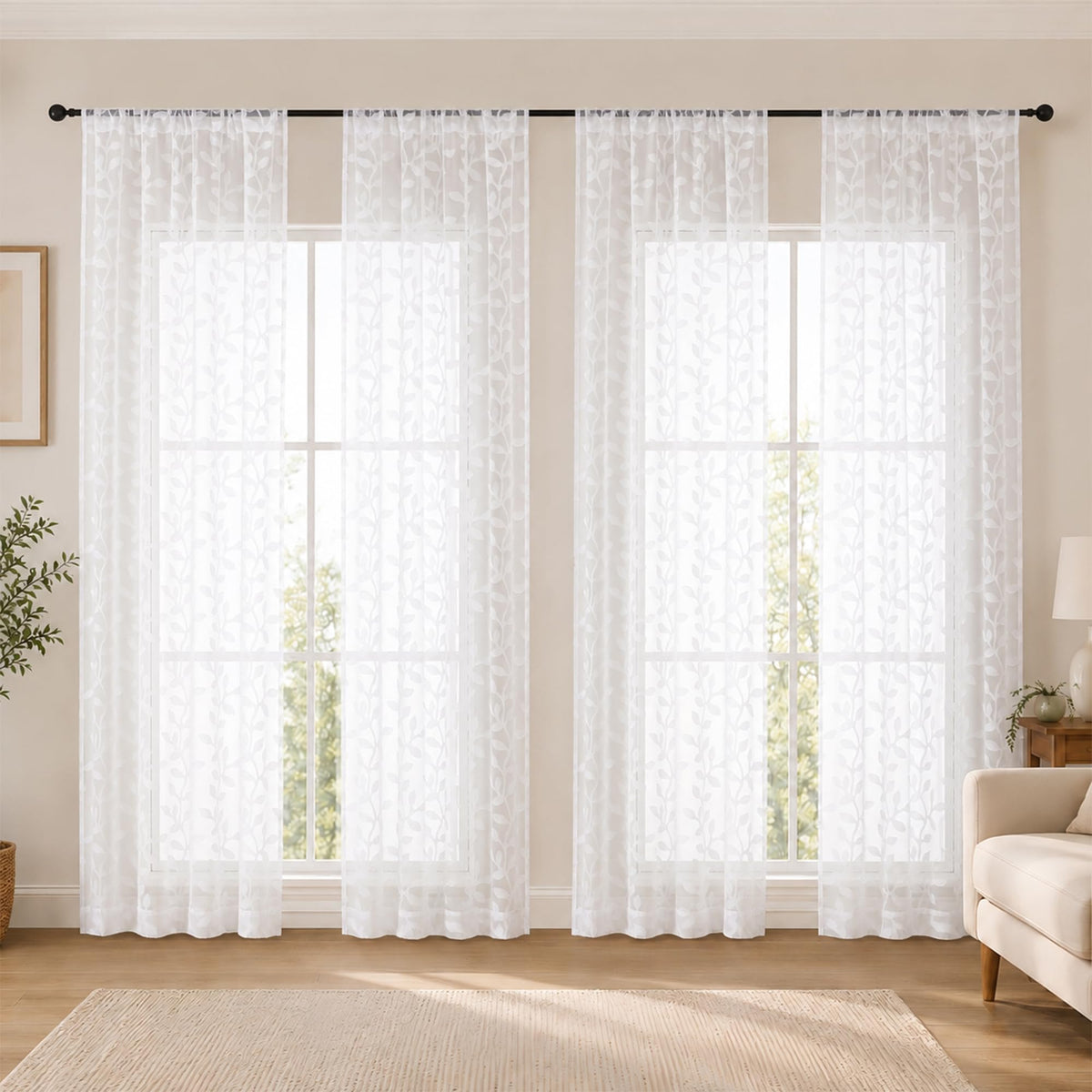 White Sheer Curtains 84 Inches Long - Light Filtering Leaf Jacquard Textured Semi Sheer Curtains, Rod Pocket Drapes for Living Room Bedroom 2 Panels Set, 2x37Wx84L Inches