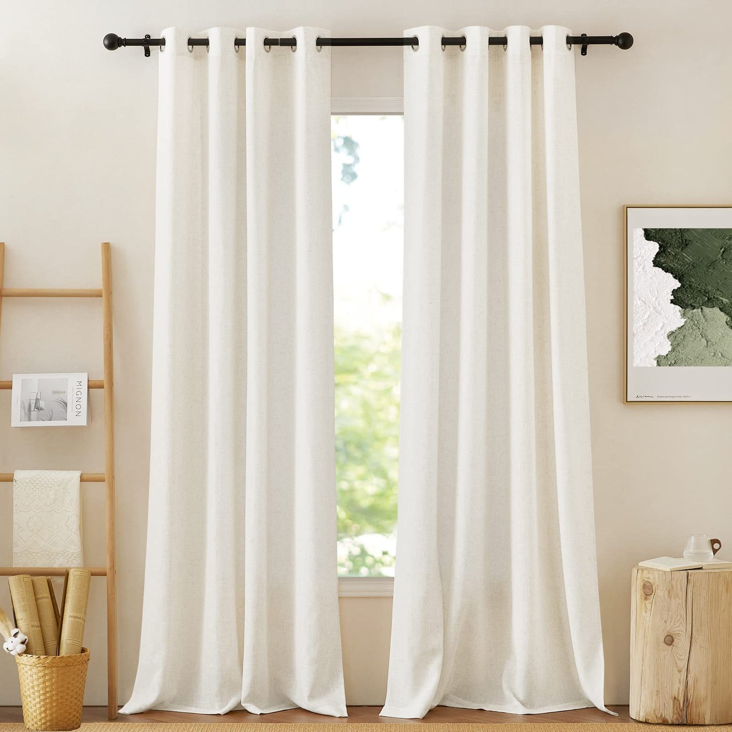 NICETOWN White Sheer Linen Curtains for Living Room 84 inch Length 2 Panels Set, Grommet Semi Sheer Privacy with Light Filtering Flax Window Treatments for Bedroom, W52 x L84