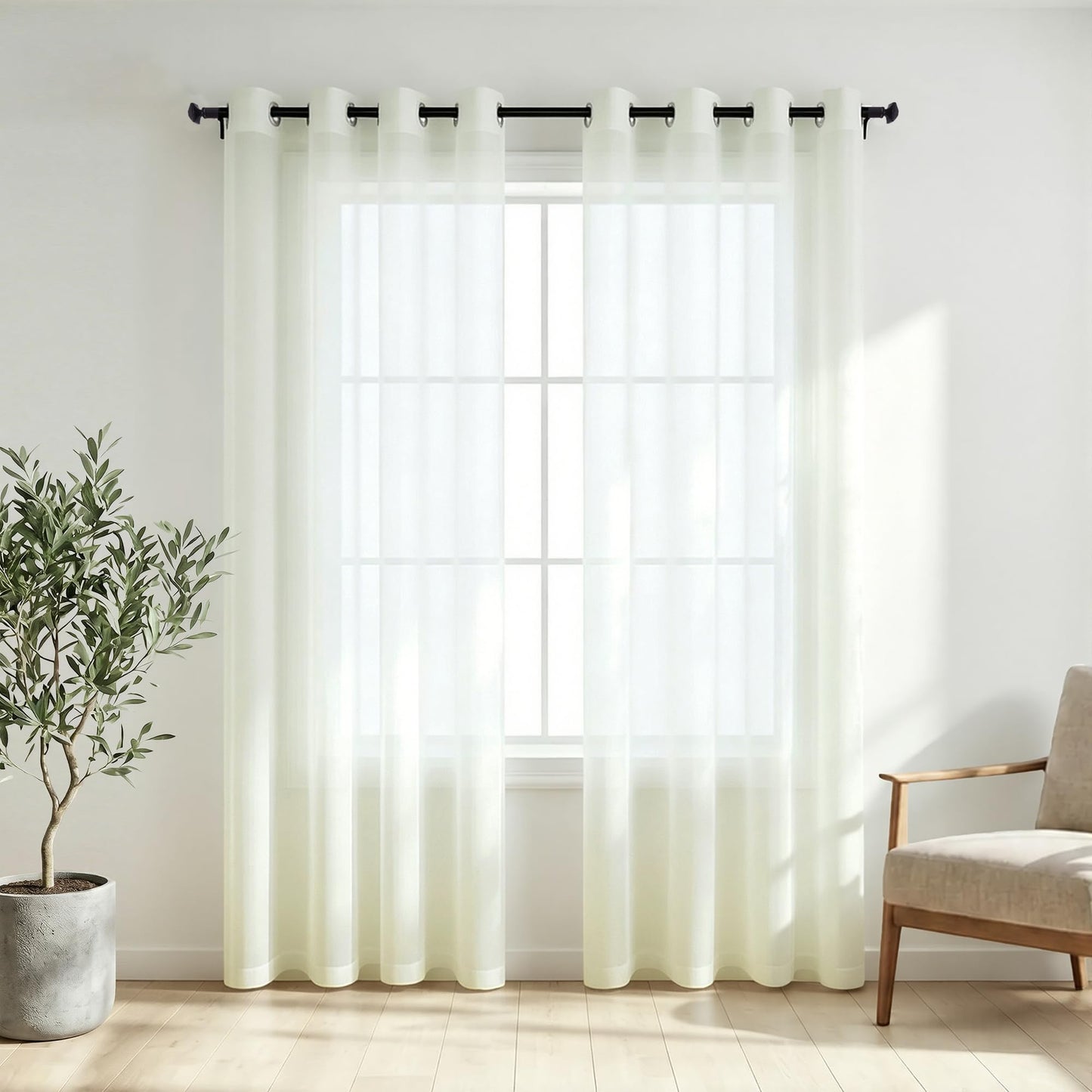 White Sheer Curtains 84 Inches Long Set 2 Panels Grommet Pair Faux Linen Semi Transparent Drape Tulle Gauze Voile Window Sheer Curtains for Bedroom Living Room Dining Wide 52 Length Solid Pack