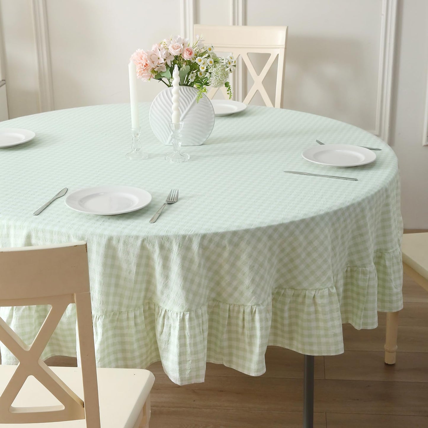 Blush White Gingham Ruffled Table Cloth Rectangular 120“x60” | 100% Washed Cotton, for Seat 8-10, Buffet Picnic Baby Shower Party Tablecloth, Decorative Checker Plaid Farmhouse Table Cover