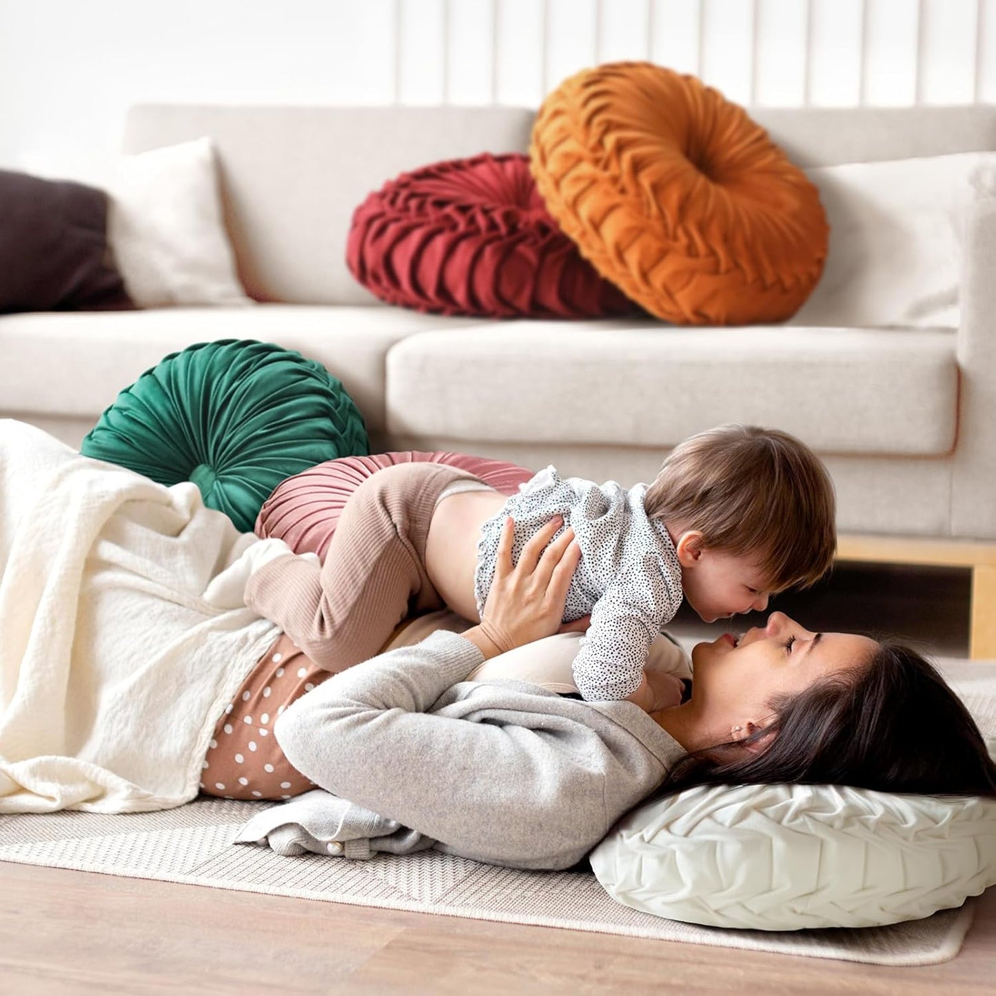 Teieas Round Throw Pillow Velvet Home Decoration Pleated Round Pillow Cushion for Couch Chair Bed Car Orange