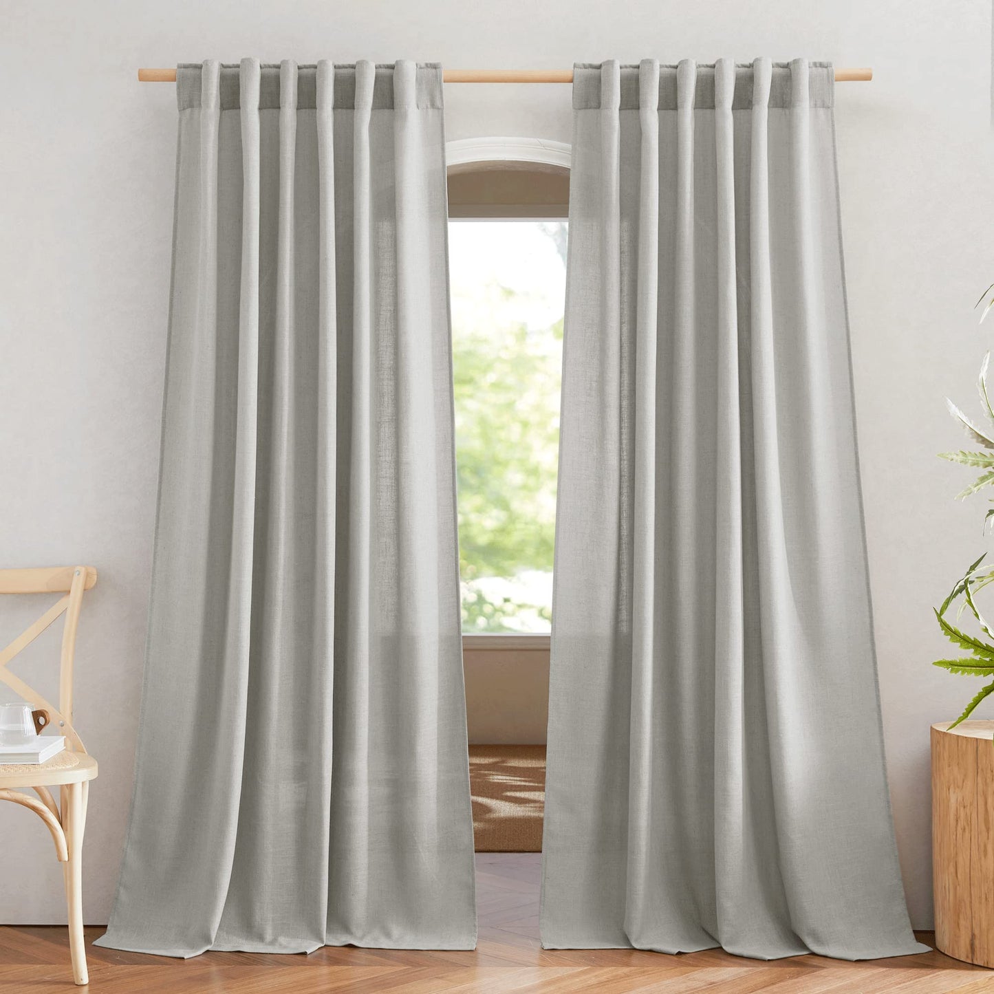 NICETOWN Flax Linen Curtains 84 inch Long, Rod Pocket & Back Tab Semi Sheer Vertical Drapes Privacy Added with Light Filtering for Bedroom/Living Room, Burlap, W52 x L84, 2 Pieces
