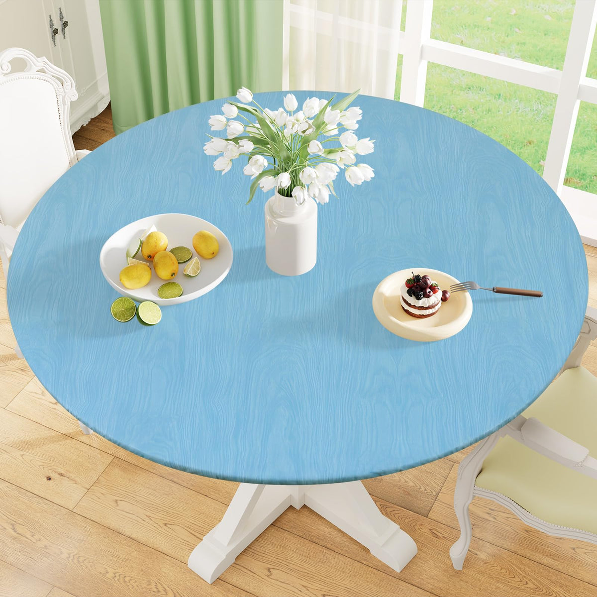 Round Fitted Tablecloth with Elastic Edge, 100% Waterproof Oil Proof Plastic Table Cover, Vinyl Flannel Backed Tablecloth Fits 36"-44" Round Tables for Dinner, Outdoor, Picnic, Oak Wooden Grain