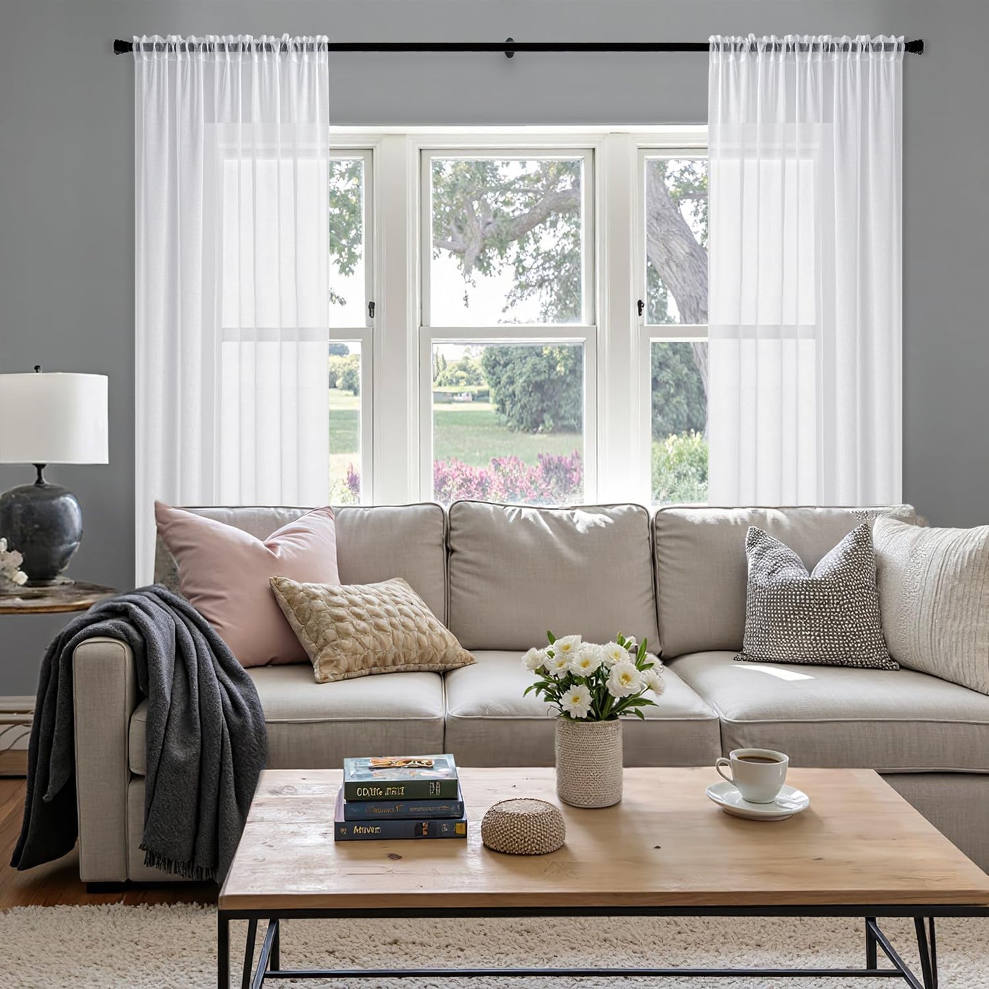 MIULEE Semi White Linen Textured Sheer Curtains 42W×84L Rod Pocket 2 Panels | Semi Transparent, Farmhouse, Window Net Panels with Rod Pocket for Bedroom Living Room