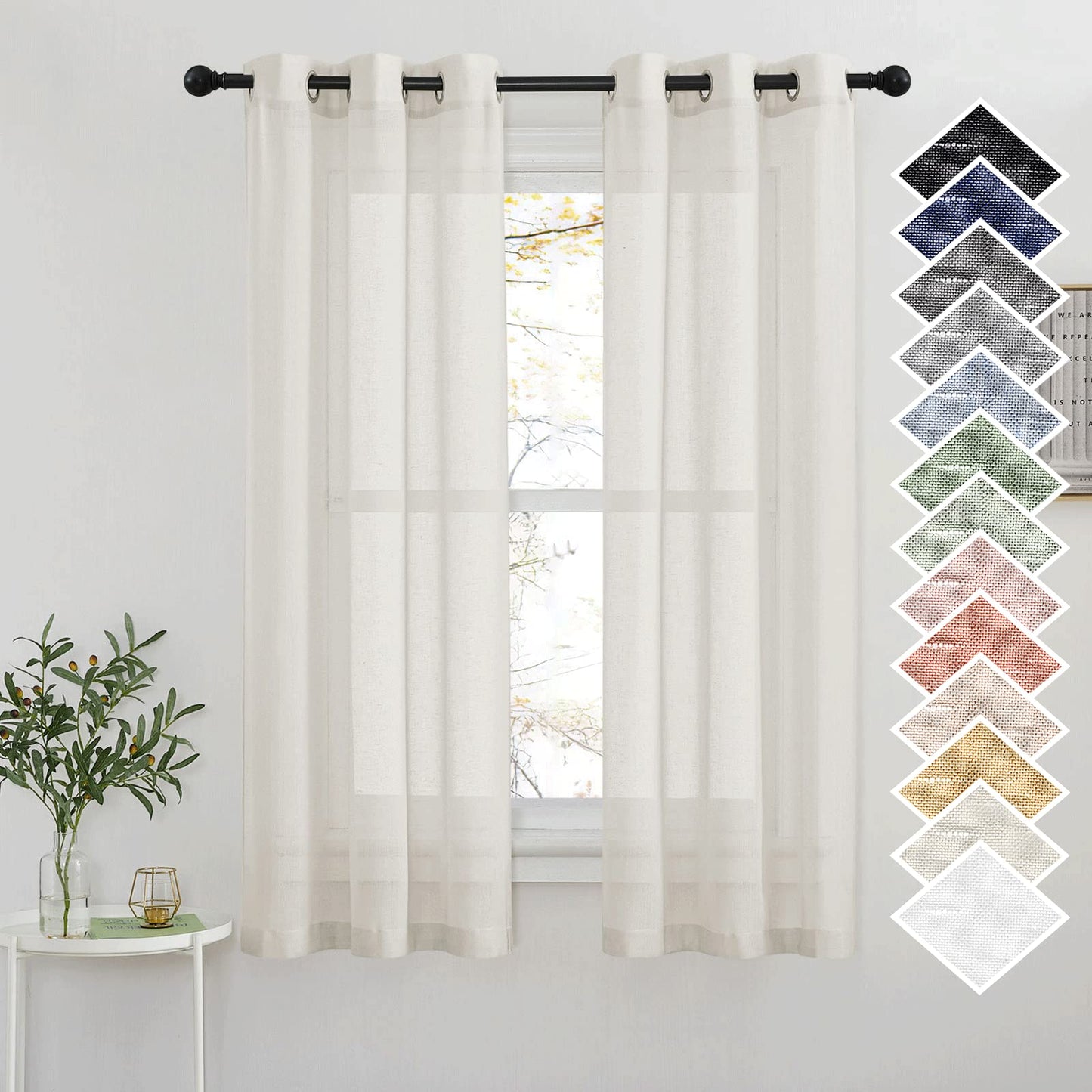 NICETOWN White Sheer Linen Curtains for Living Room 84 inch Length 2 Panels Set, Grommet Semi Sheer Privacy with Light Filtering Flax Window Treatments for Bedroom, W52 x L84