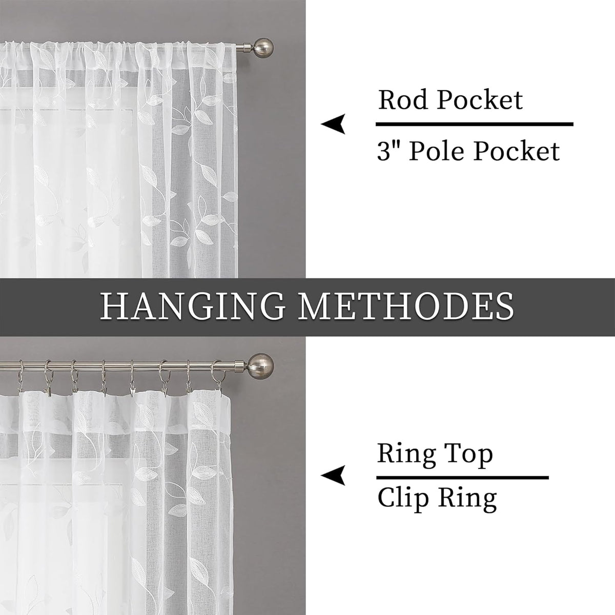 Tollpiz White Leaf Sheer Curtains Bedroom 54 x 84 Inches | Leaves Embroidered Curtain Rod Pocket Voile Window Treatment for Living Room, Set of 2 Panels