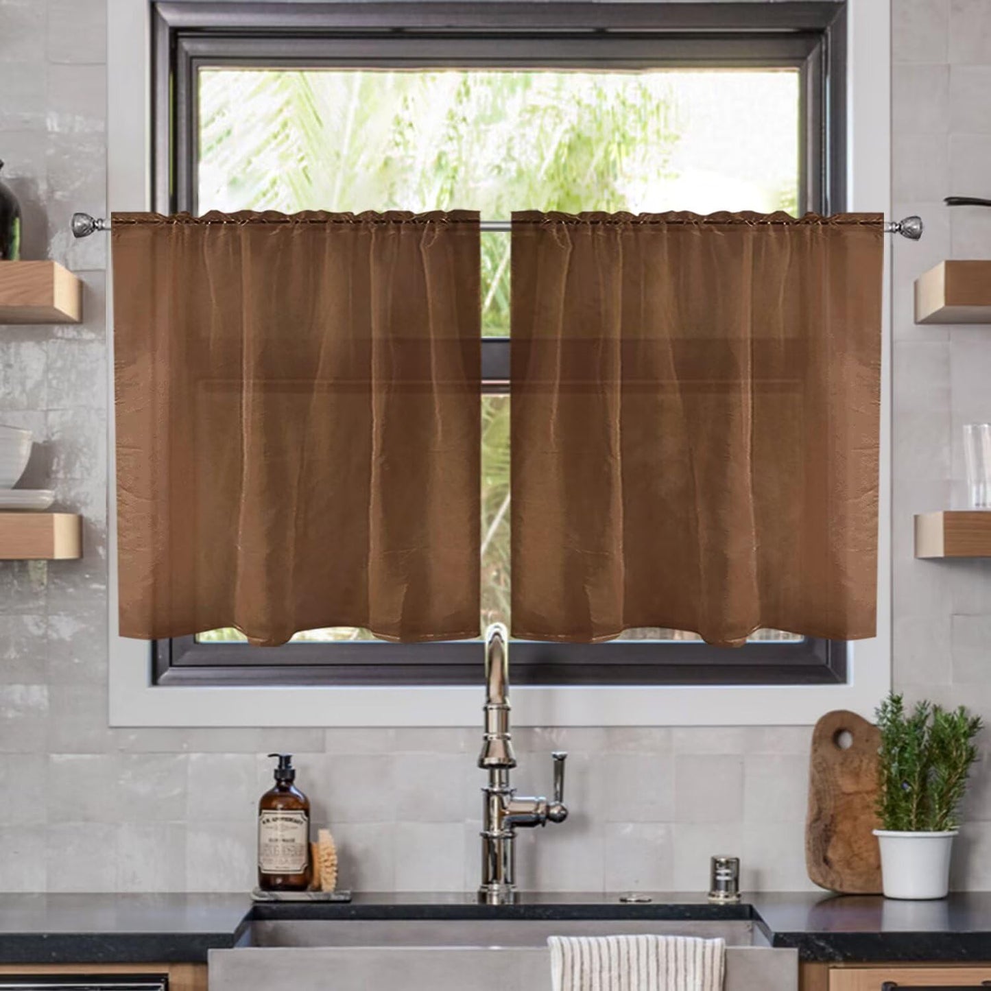 youleyar Solid Sheer Rod Pocket Curtain Voile Draperies 2 Panels White Beige Black Grey Coffee 52 Inch Width 84 Inch Long 1 Pair for Kitchen Bedroom Children Living Room Yard (Ivory,52W ｘ 84L)