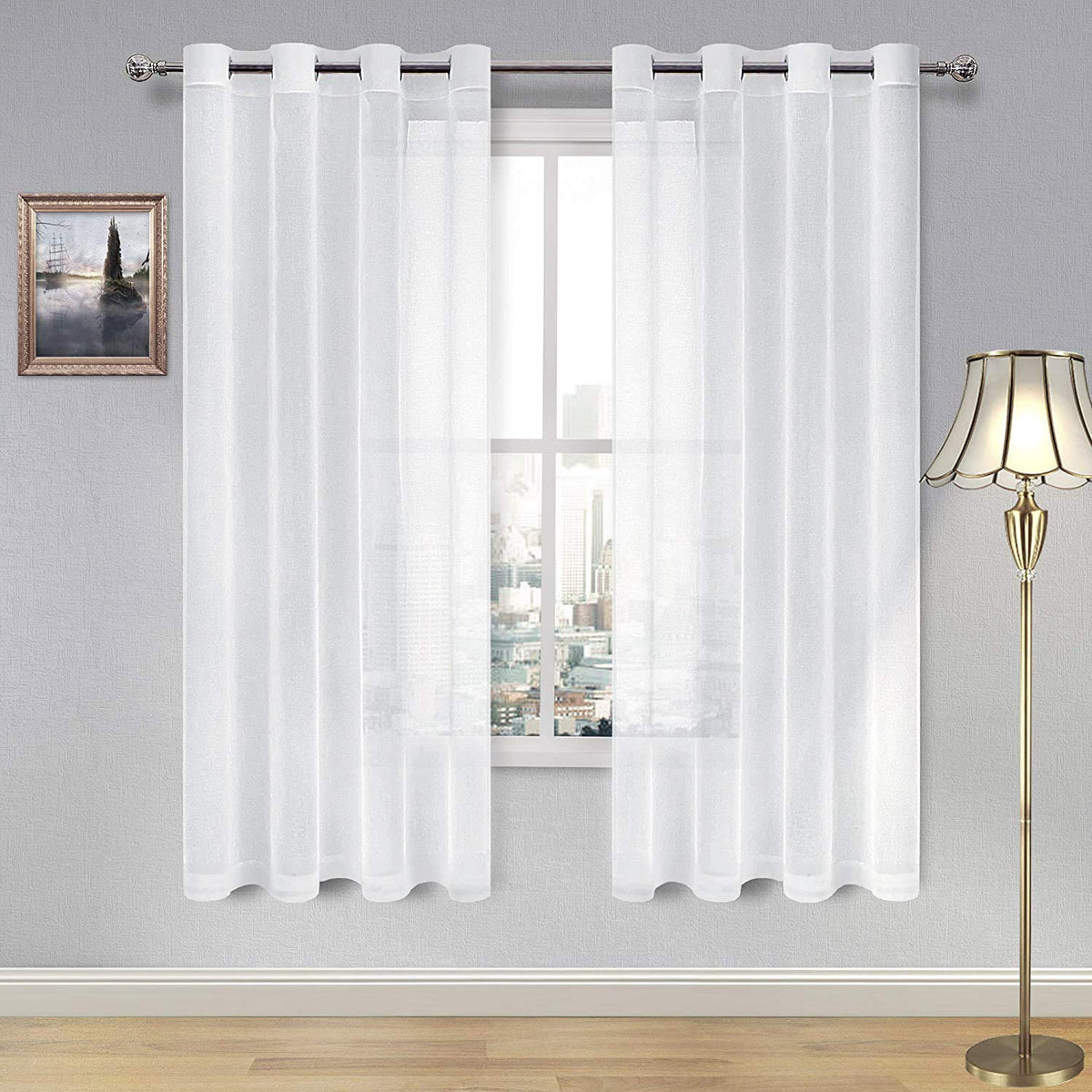 DWCN White Sheer Curtains Linen Look Semi Transparent Voile Grommet White Curtains for Living Dining Room Drapes 52 x 84 Inch Long, Set of 2 Panels