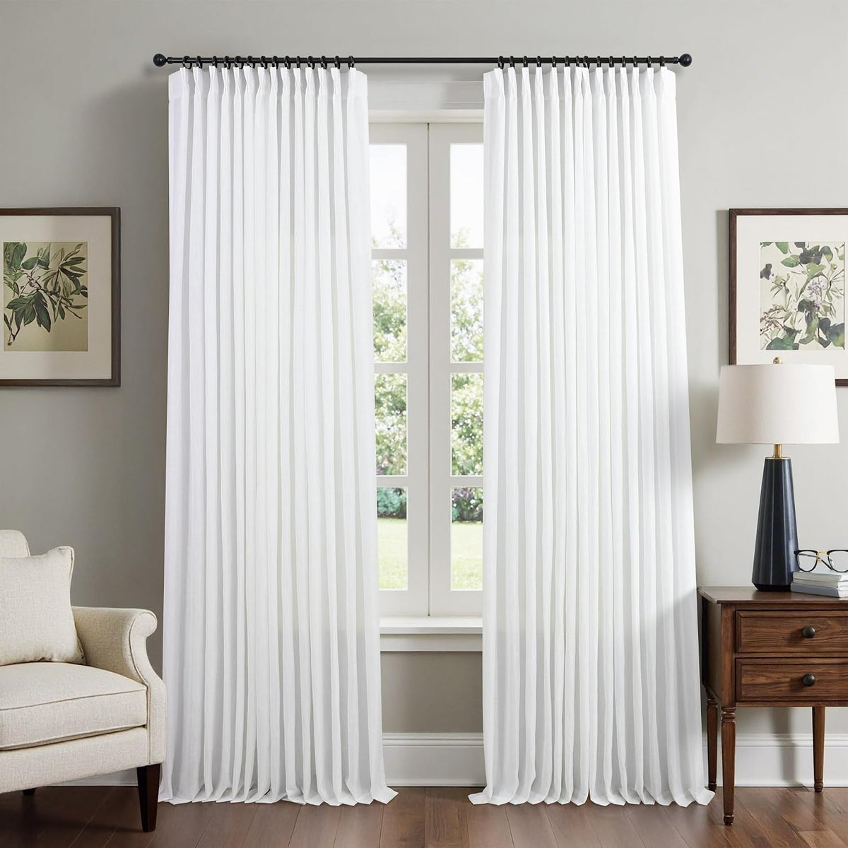 White Linen Pleated Curtains 84 Inches Long for Bedroom Back Tab Light Filtering Sheer Pinch Pleat Drapes Hook Ring Modern Farmhouse Coastal Cotton Textured Gauze Curtain Living Room 84 Length 2 Panel