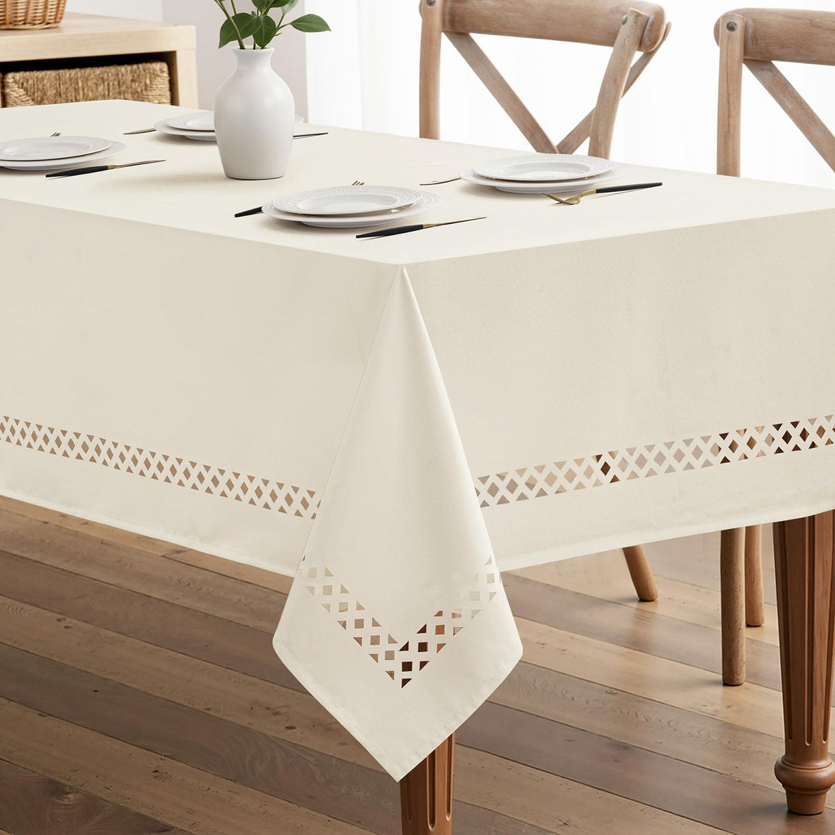 MIULEE Beige Rectangle Tablecloth with Decorative Cutouts 52x70 Inch | Waterproof Stain Resistant & Shrink-Proof Table Cloth, Farmhouse Style, for Dining Wedding Kitchen Party Outdoor