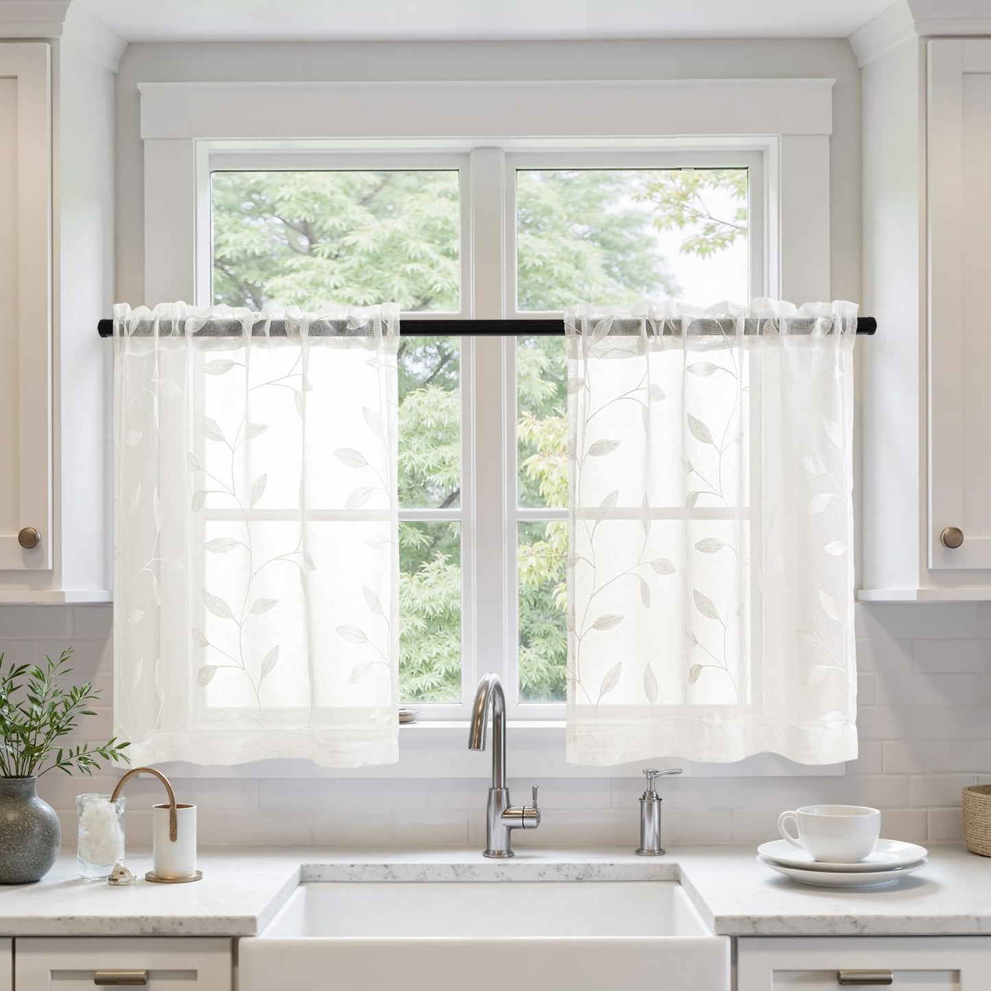 MIULEE Sage Green Sheer Curtains 2 Panels Leaf Patterned, W52 x L84 | Embroidered Floral Semi Sheer,Rod Pocket,Faux Linen,Short Window Curtains Drapes Set for Kitchen/Bathroom/Cafe