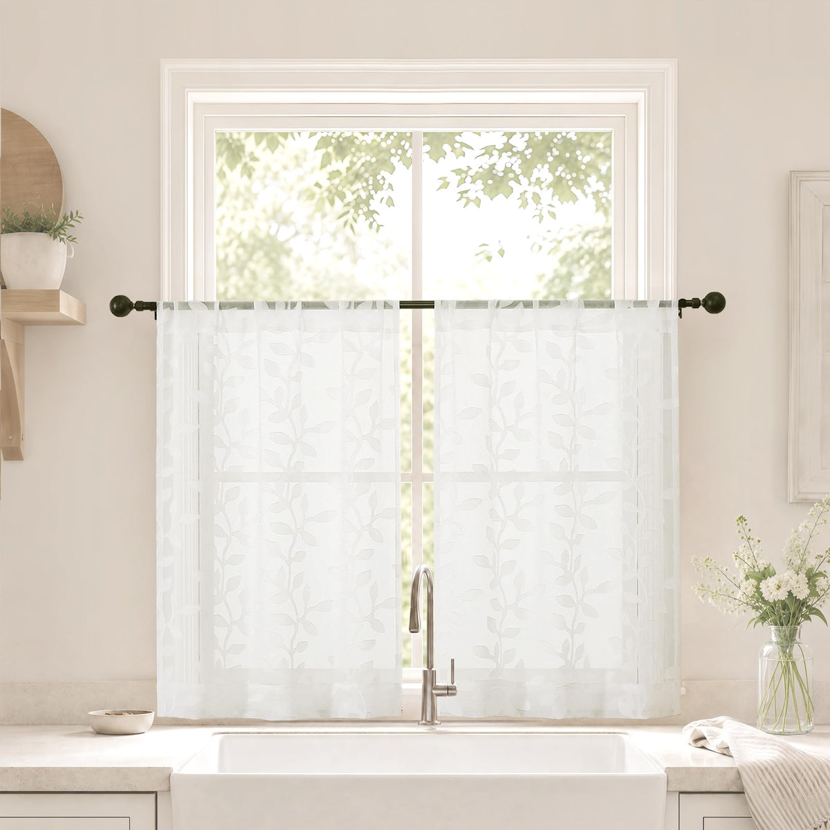 White Sheer Curtains 84 Inches Long - Light Filtering Leaf Jacquard Textured Semi Sheer Curtains, Rod Pocket Drapes for Living Room Bedroom 2 Panels Set, 2x37Wx84L Inches