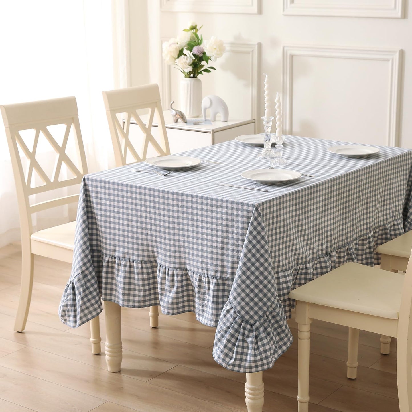 Blush White Gingham Ruffled Table Cloth Rectangular 120“x60” | 100% Washed Cotton, for Seat 8-10, Buffet Picnic Baby Shower Party Tablecloth, Decorative Checker Plaid Farmhouse Table Cover
