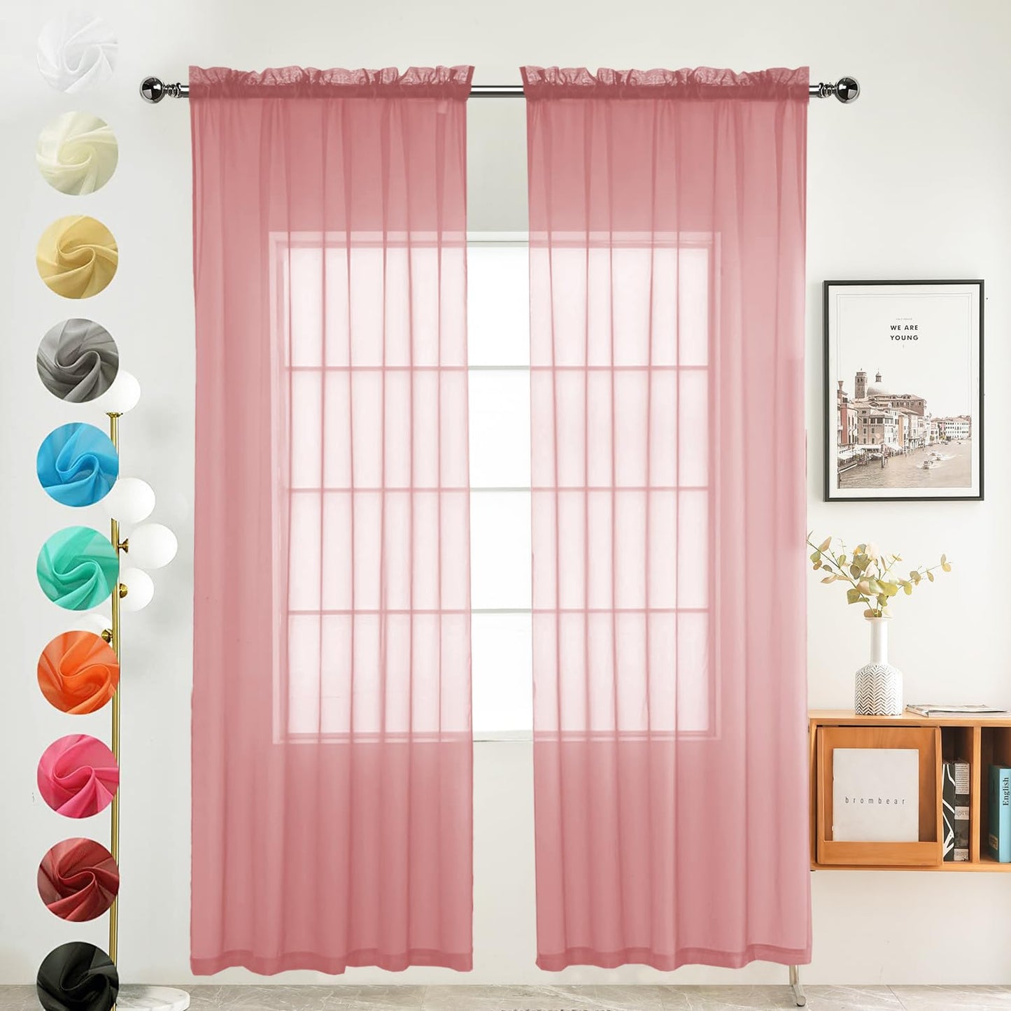 youleyar Solid Sheer Rod Pocket Curtain Voile Draperies 2 Panels White Beige Black Grey Coffee 52 Inch Width 84 Inch Long 1 Pair for Kitchen Bedroom Children Living Room Yard (Ivory,52W ｘ 84L)