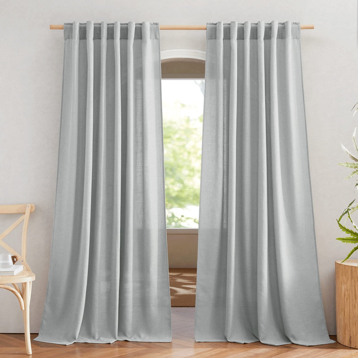 NICETOWN Flax Linen Curtains 84 inch Long, Rod Pocket & Back Tab Semi Sheer Vertical Drapes Privacy Added with Light Filtering for Bedroom/Living Room, Burlap, W52 x L84, 2 Pieces