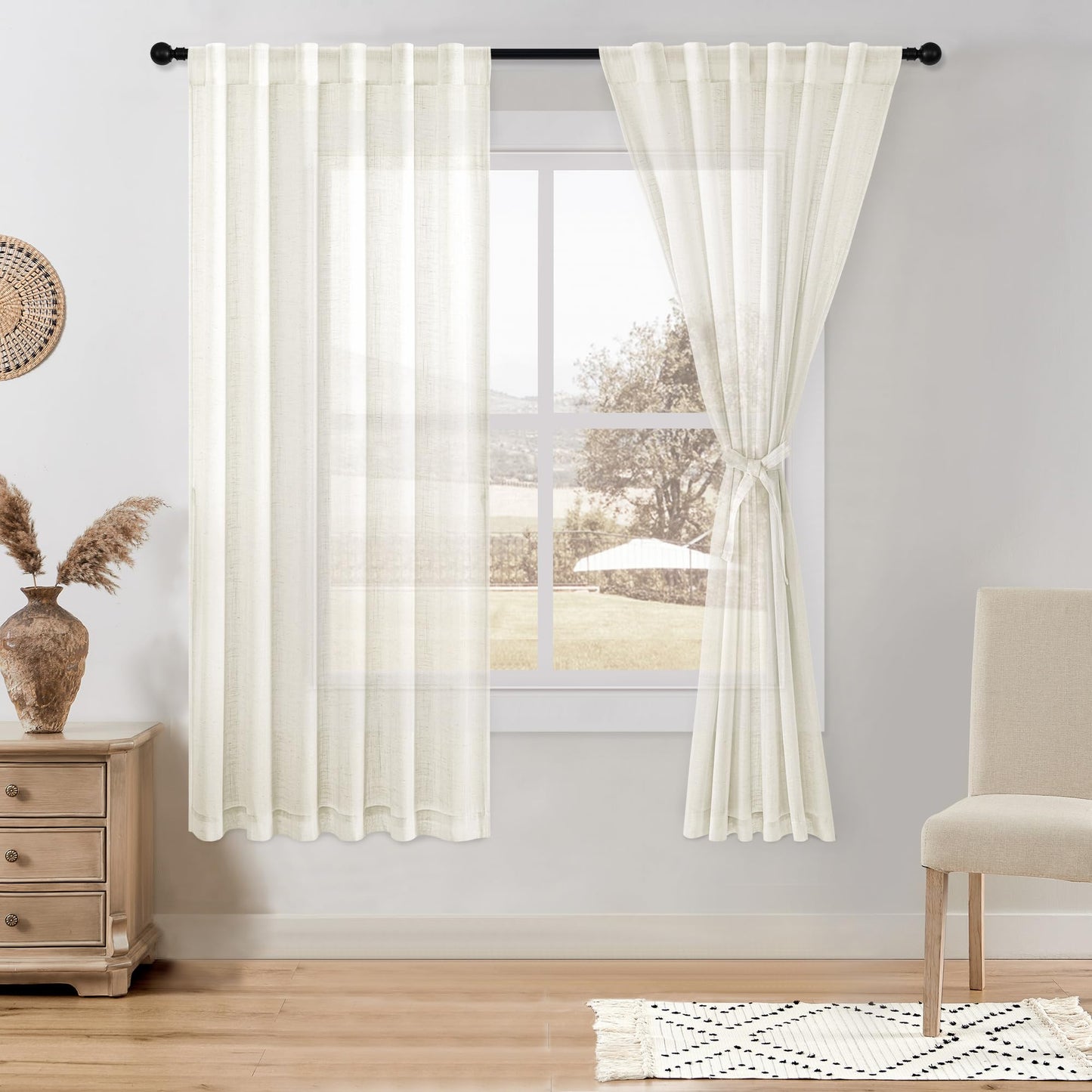DWCN White Faux Linen Sheer Curtains, 2 Panels, 52x84 Inch | Faux Linen Textured Curtains with Rod Pocket & Back Tab, Semi Voile Light Airy Gauzy Privacy Drapes for Living Room Bedroom