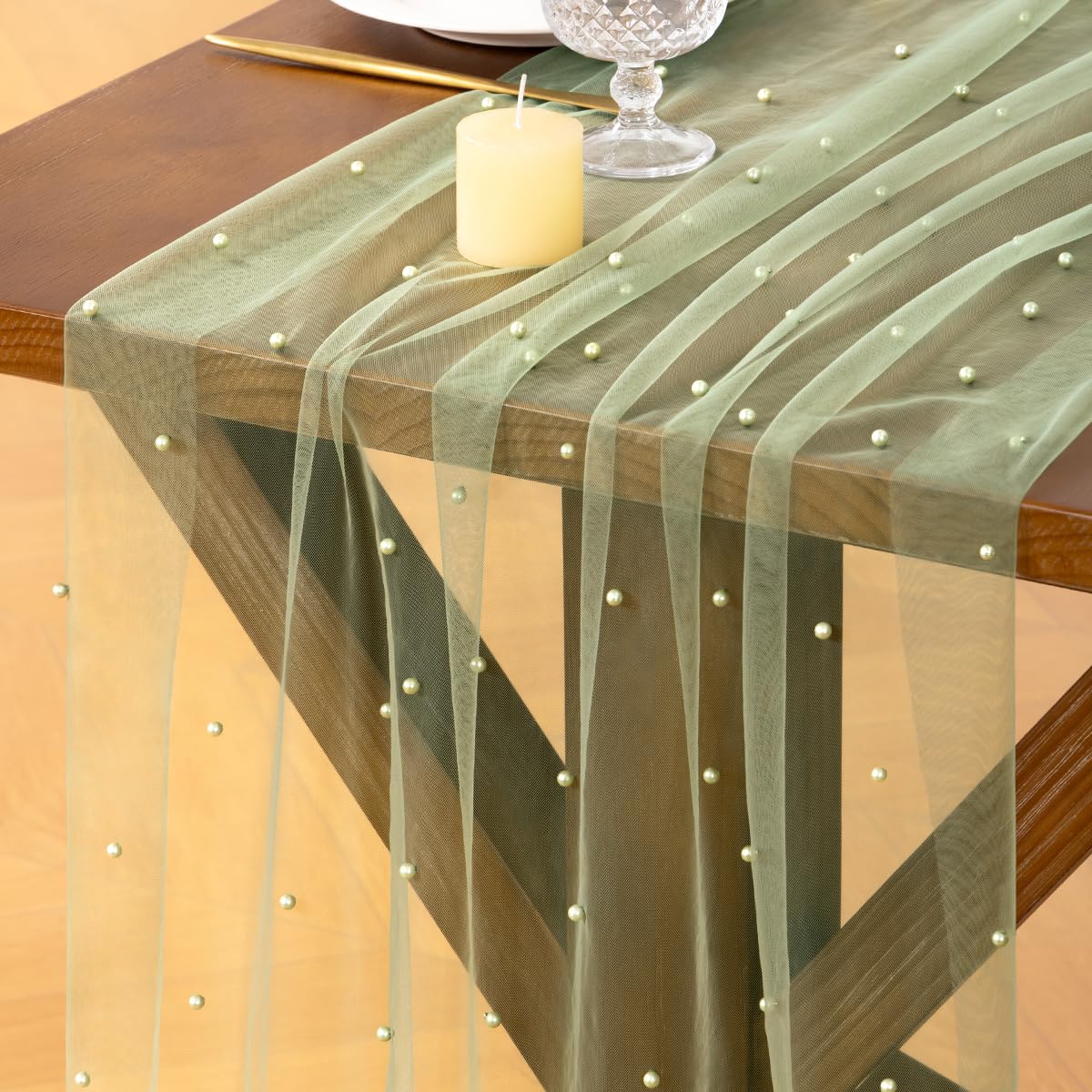 Pearl Table Runner Gauze Sheer 19FT Wedding Draping Fabric Decor | Sage Green Summer Tulle Chiffon Arch Outdoor Drapes Long Curtain for Birthday Party Baby Shower Bridal Engagement Decor